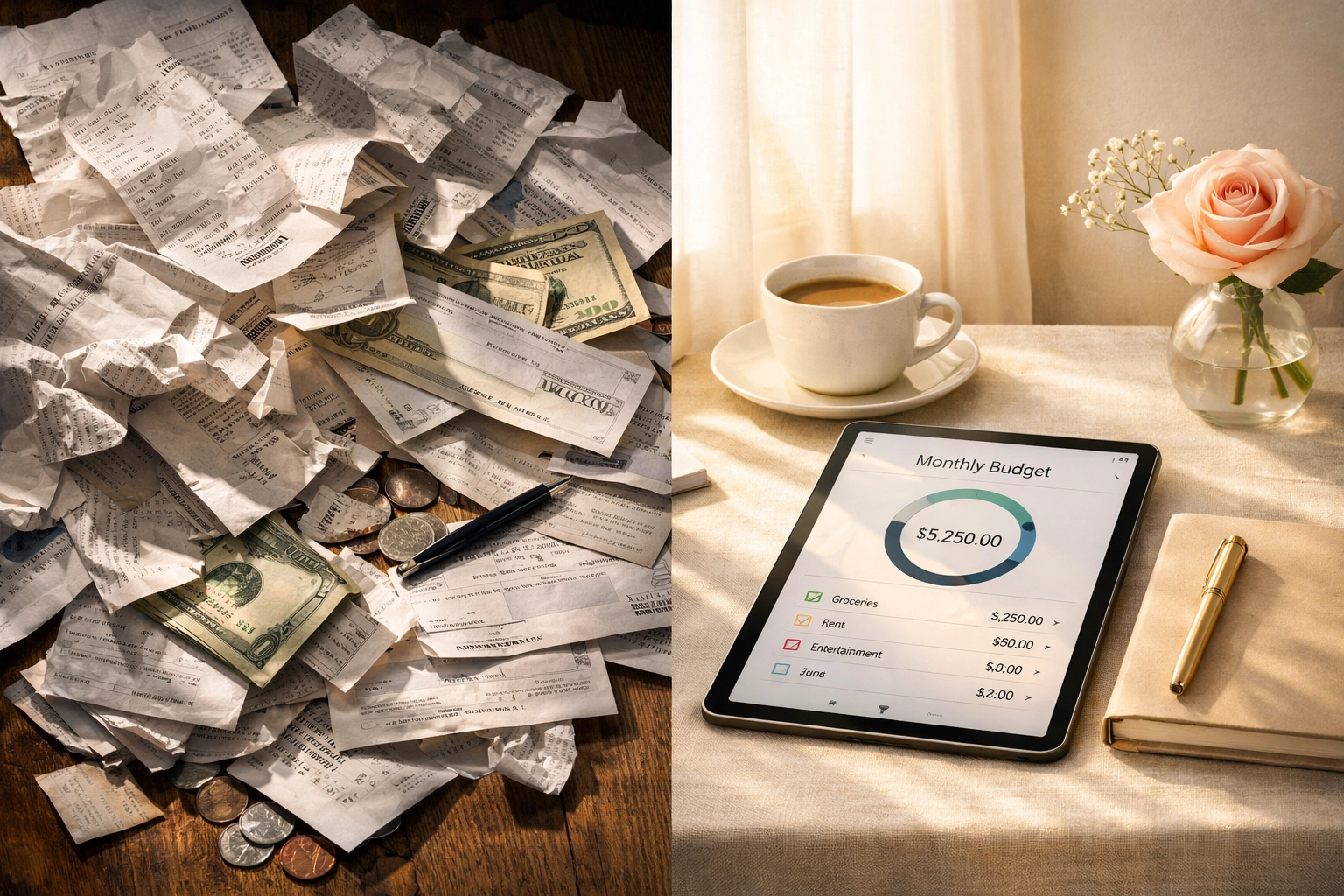 Comparison of messy paper checks and receipts versus organized digital wedding contribution tracking