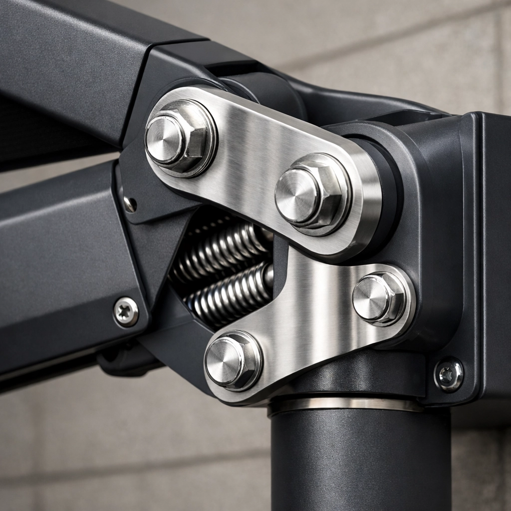 Massive Gelenkarm-Mechanik einer hochwertigen Markise nach Maß für maximale Stabilität.