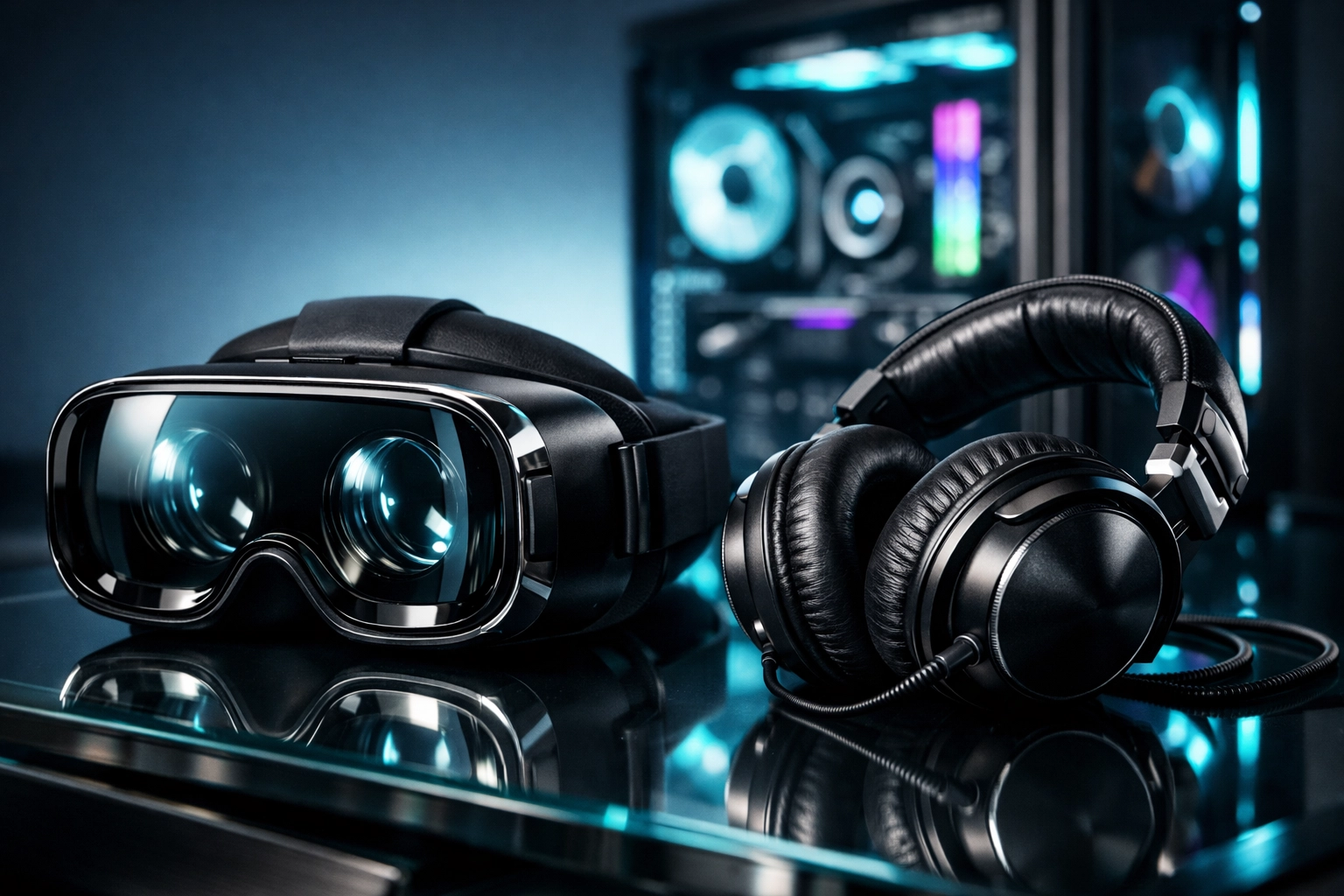 A professional VR headset and headphones ready for virtual concerts and immersive digital music experiences.