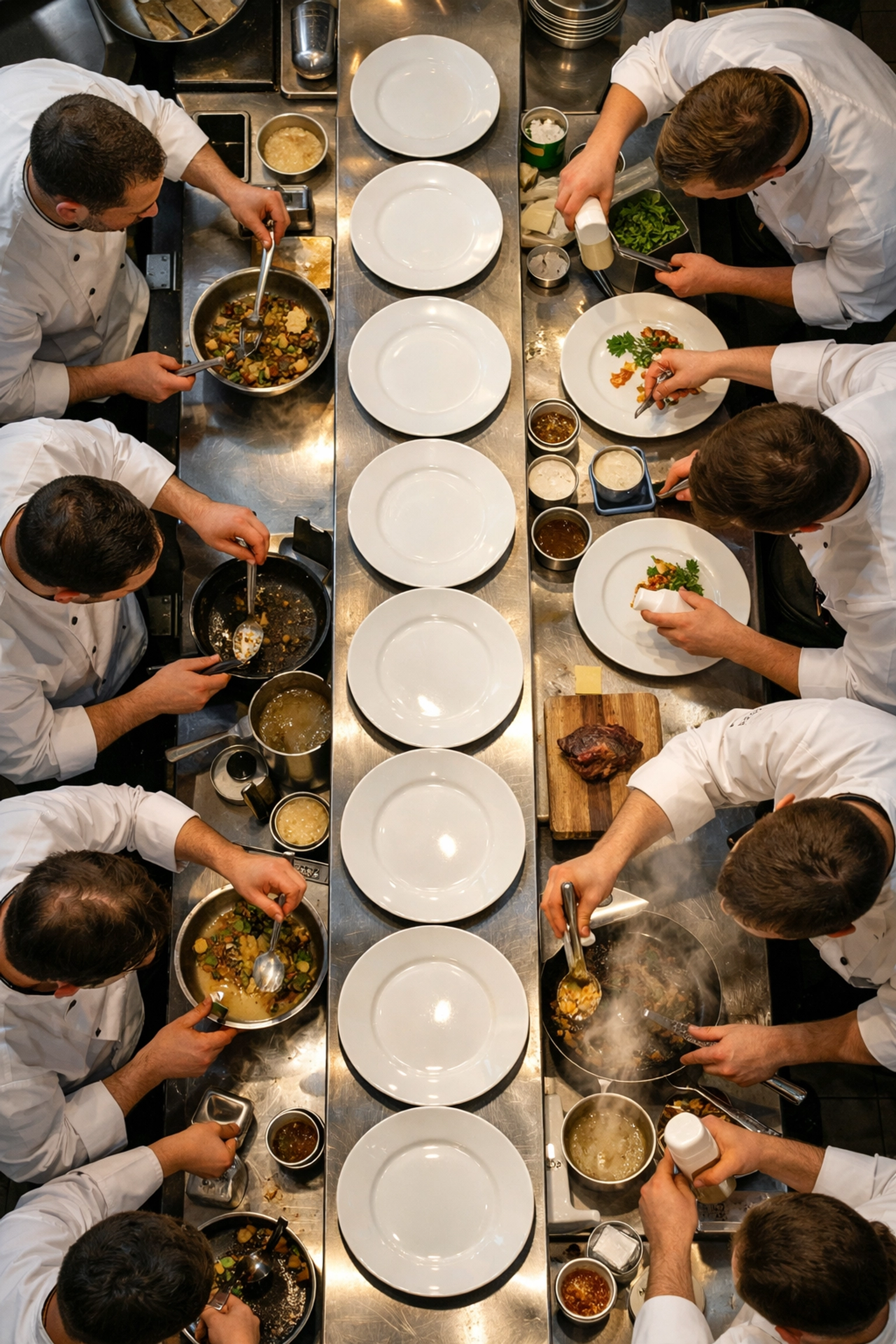 Professional kitchen pass with chefs collaborating during dinner service, demonstrating workplace proximity and speed