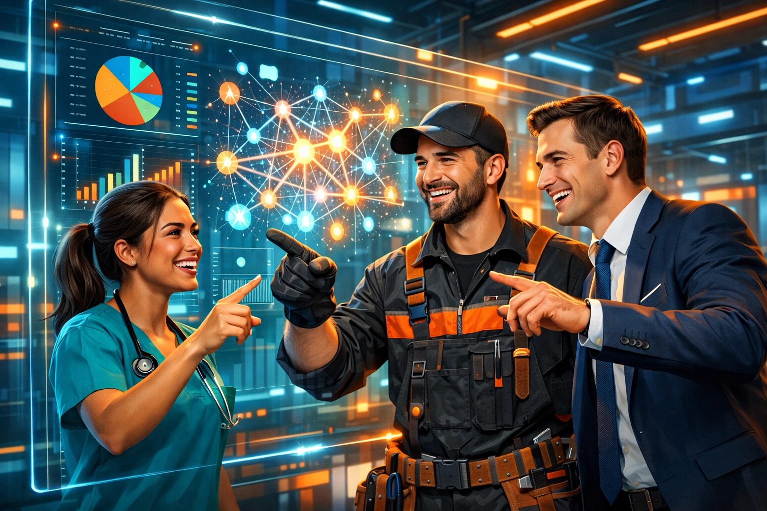 Fachkräfte verschiedener Branchen diskutieren Anwendungsmöglichkeiten nach einem KI-Training für Quereinsteiger.