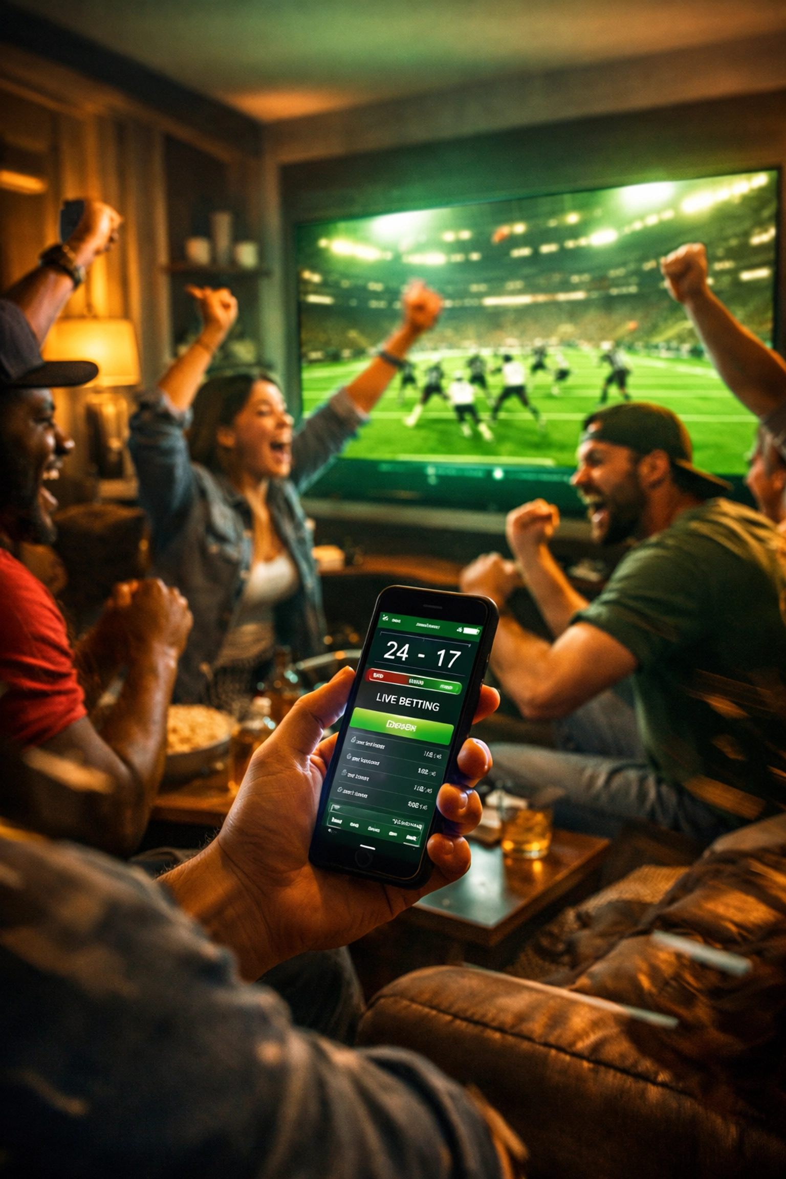 Fans watching the Super Bowl and interacting with digital marketing on their smartphones.