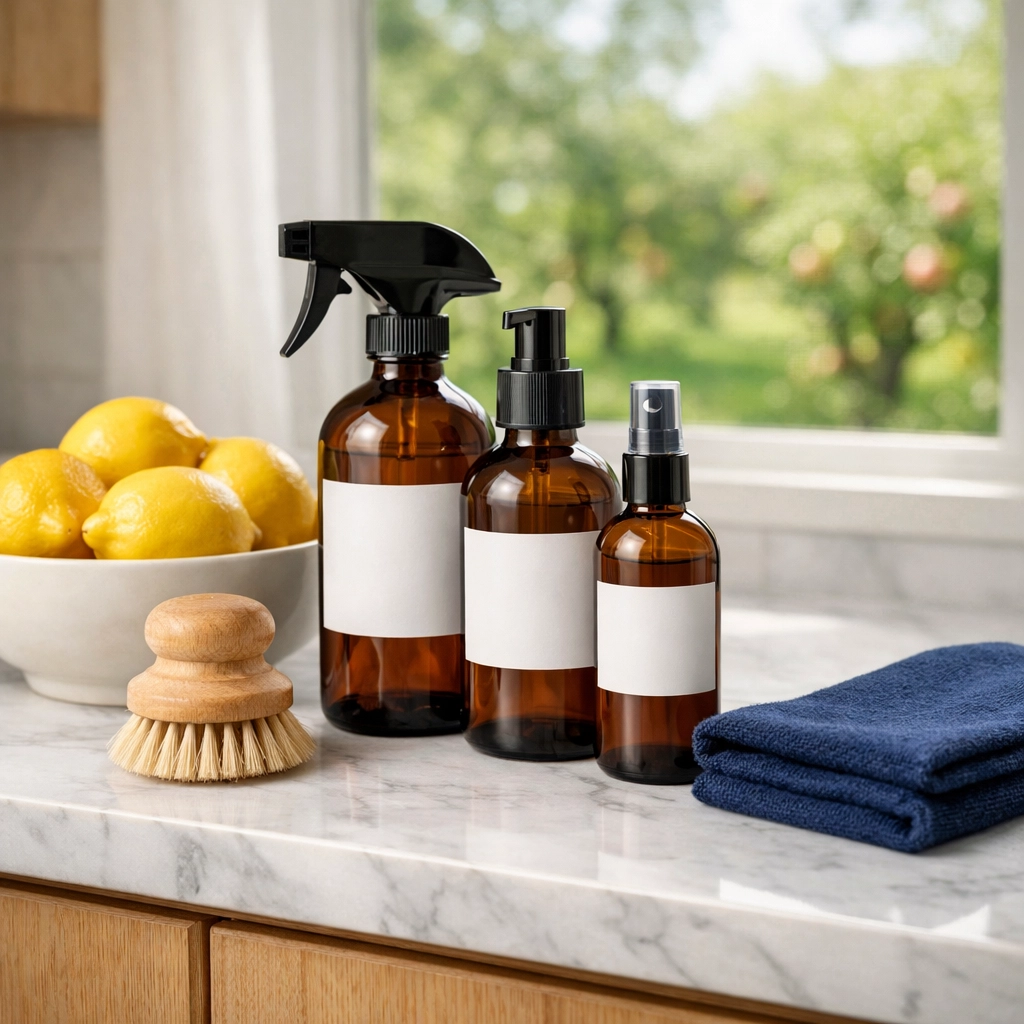 Eco-friendly products used for luxury residential cleaning in a bright Harvard marble kitchen.