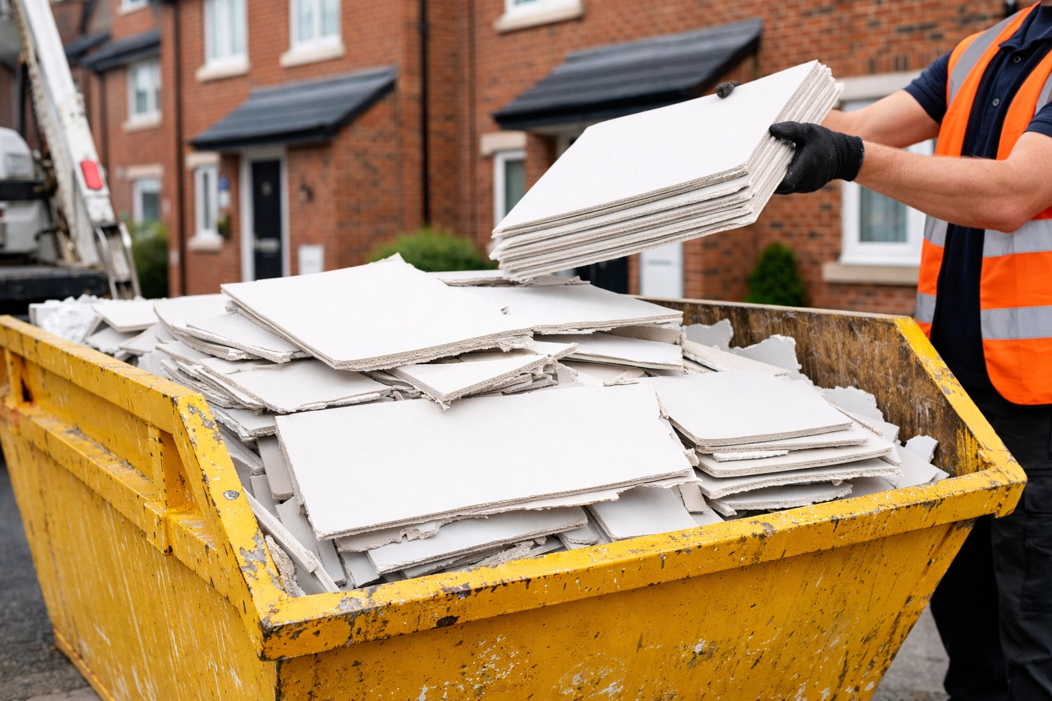 Plasterboard being loaded into skip bin at Liverpool home requiring separate waste disposal