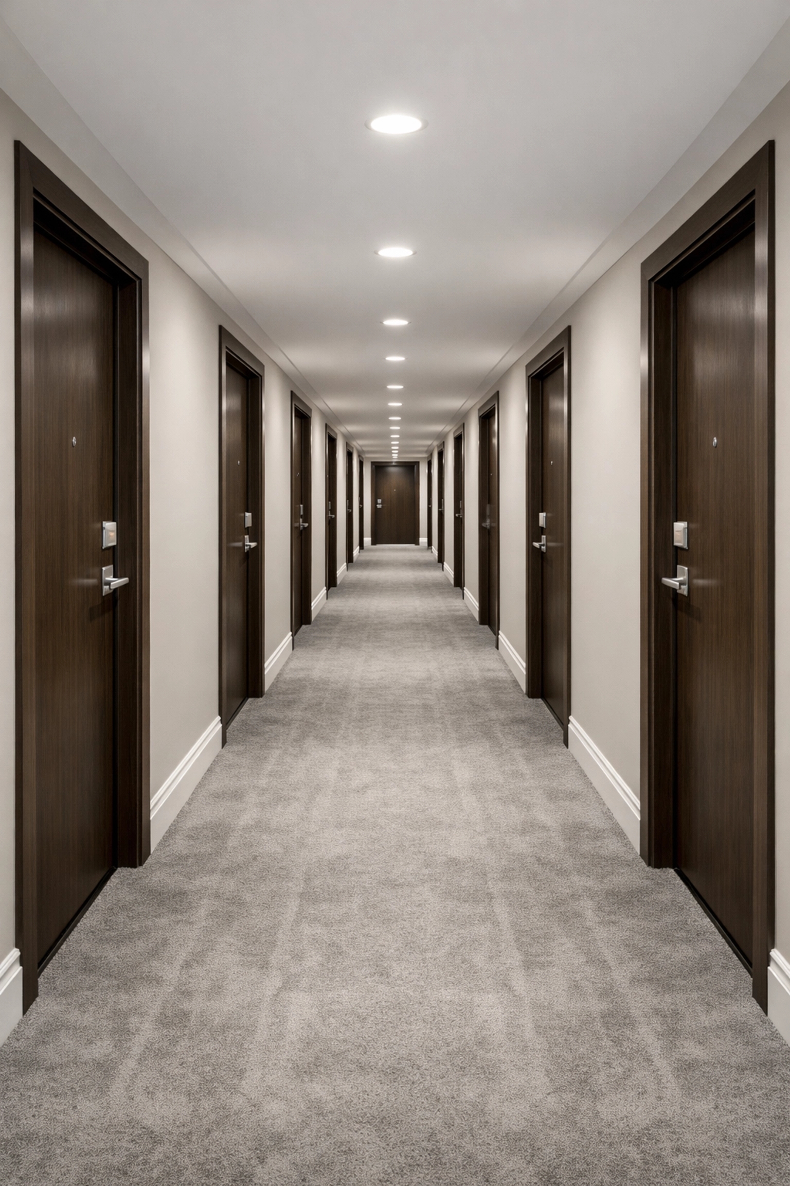 Standardized cleaning in a high-end Midwest apartment building hallway with vacuumed carpets.