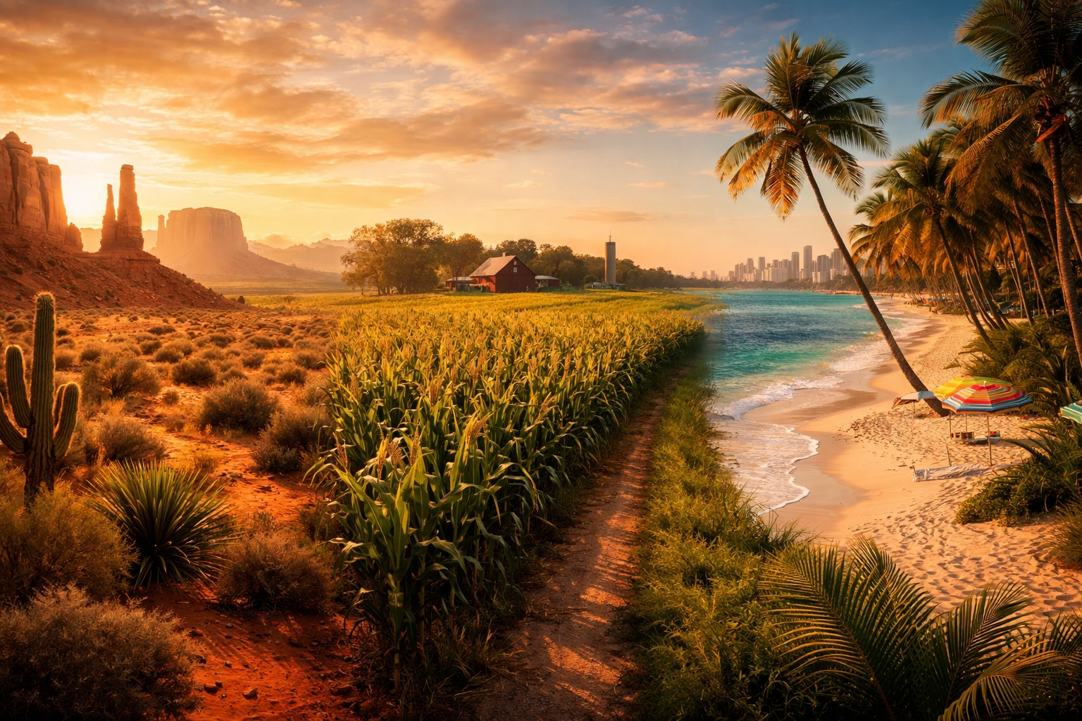 A visual journey from Arizona desert through Nebraska farmland to Miami beach, reflecting Keona Davis's football career path.