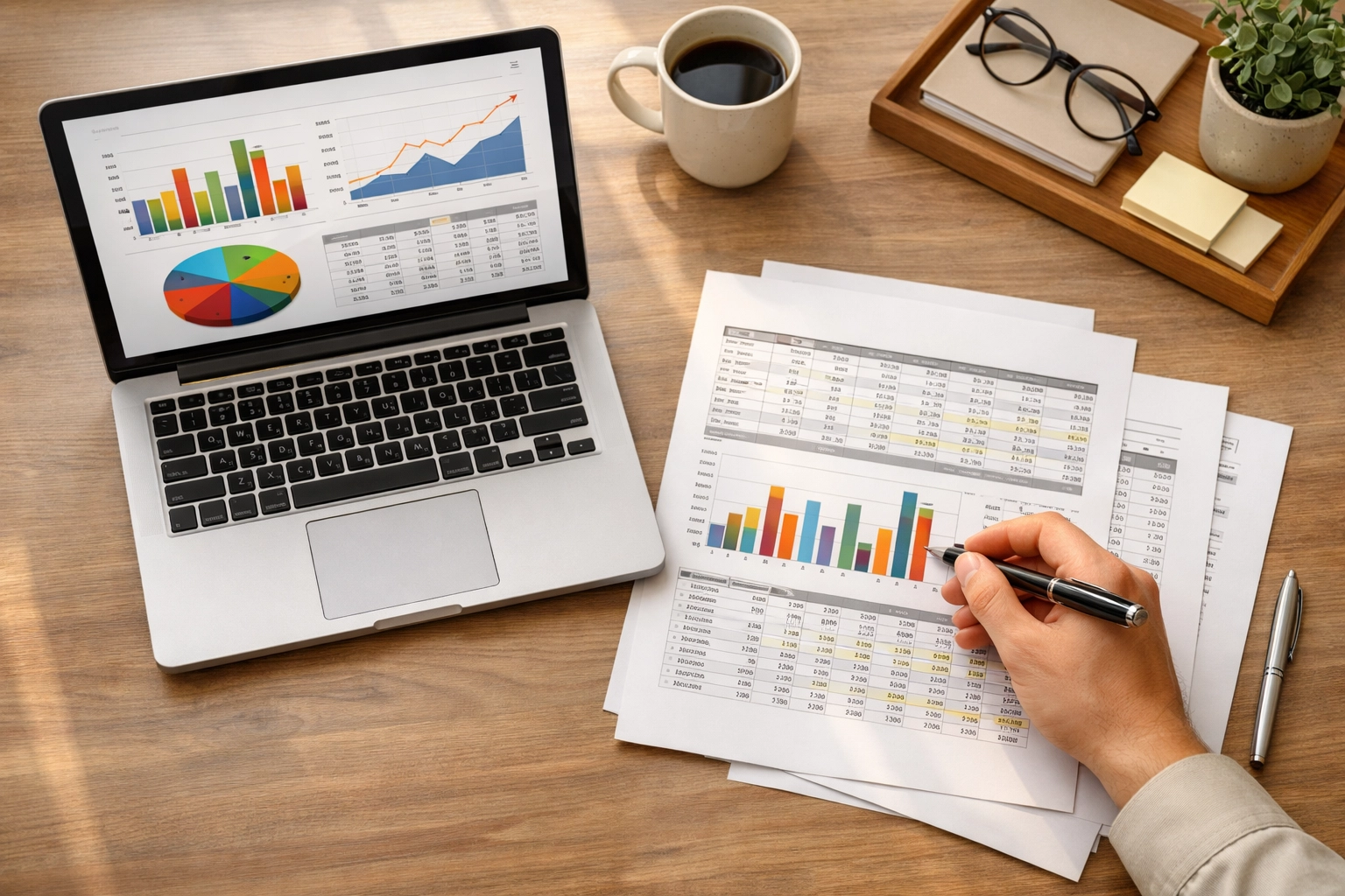 Bookkeeper reviewing financial spreadsheets alongside automated accounting software on laptop