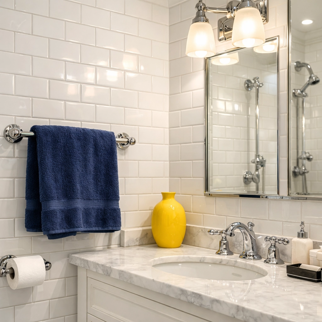 Sparkling clean bathroom tiles and fixtures after a deep apartment cleaning in Boston service.