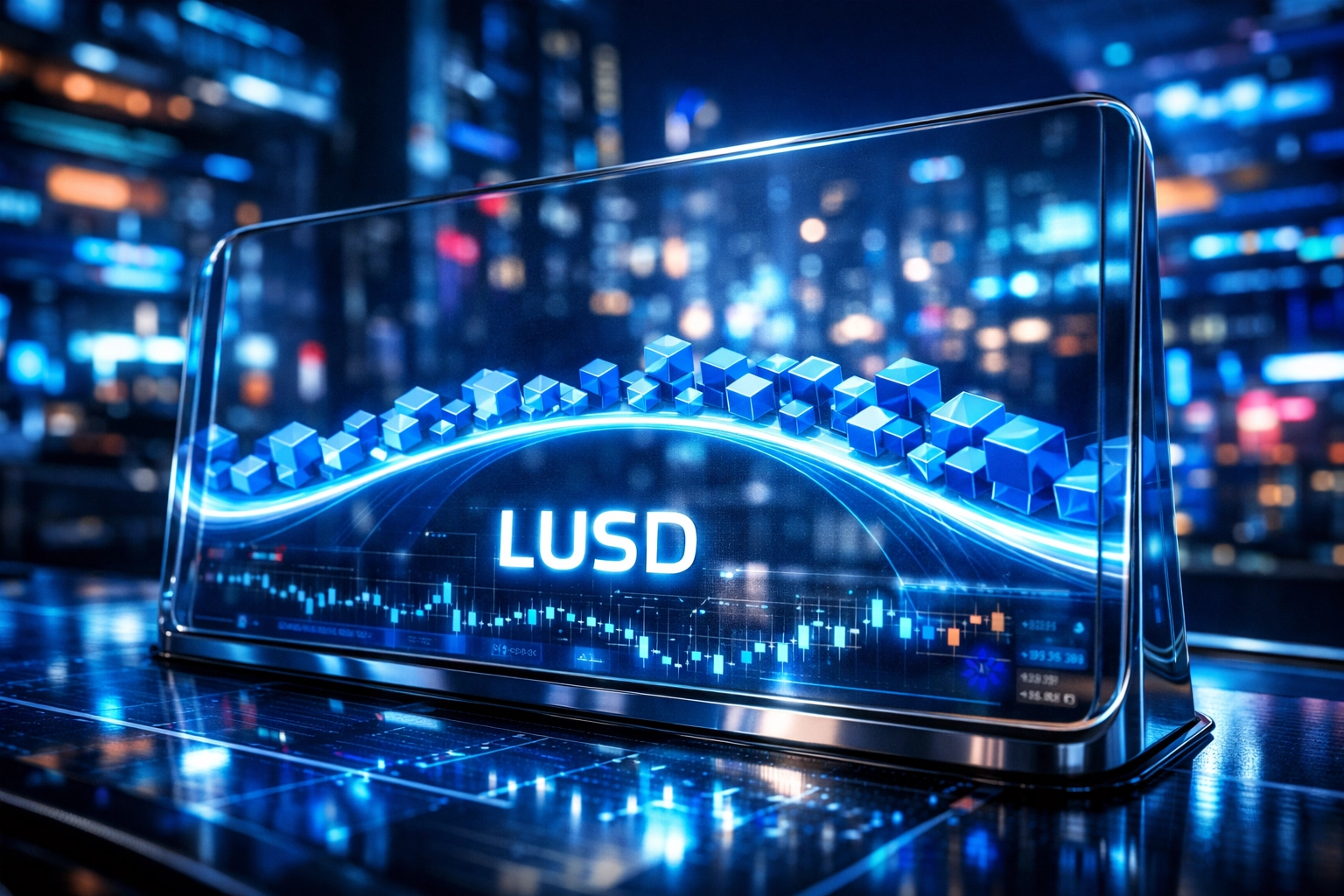 Secure LUSD stablecoin payments flowing in a digital marketplace to reduce merchant interchange fees.