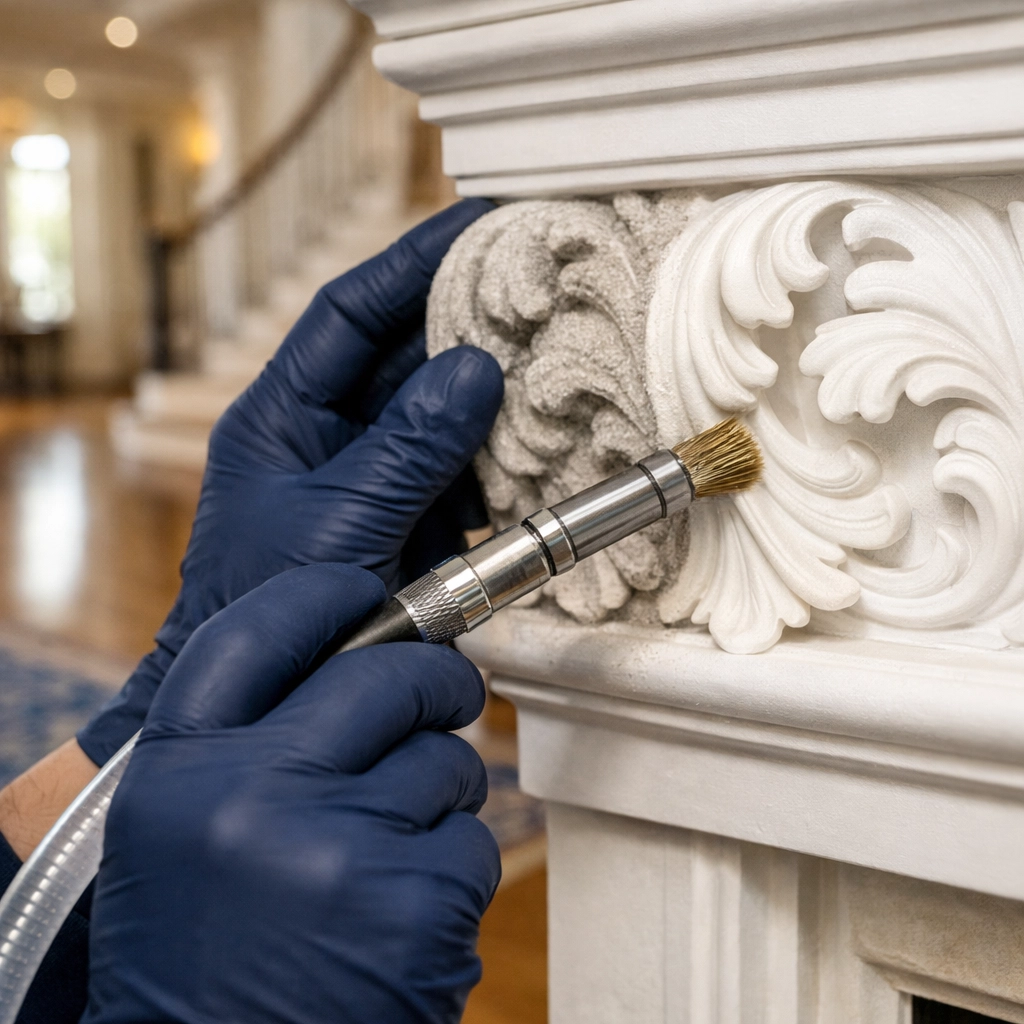 Detailed deep residential cleaning Massachusetts service focusing on intricate crown molding and fireplace mantels.