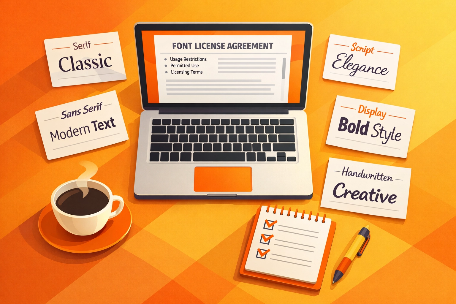 Designer workspace with font licensing documentation and typeface samples for logo projects