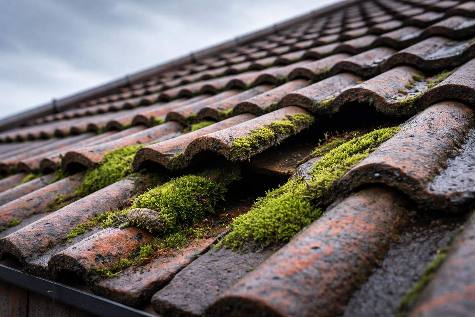 Moss lifting and damaging clay roof tiles on a Northern Ireland home during damp weather conditions