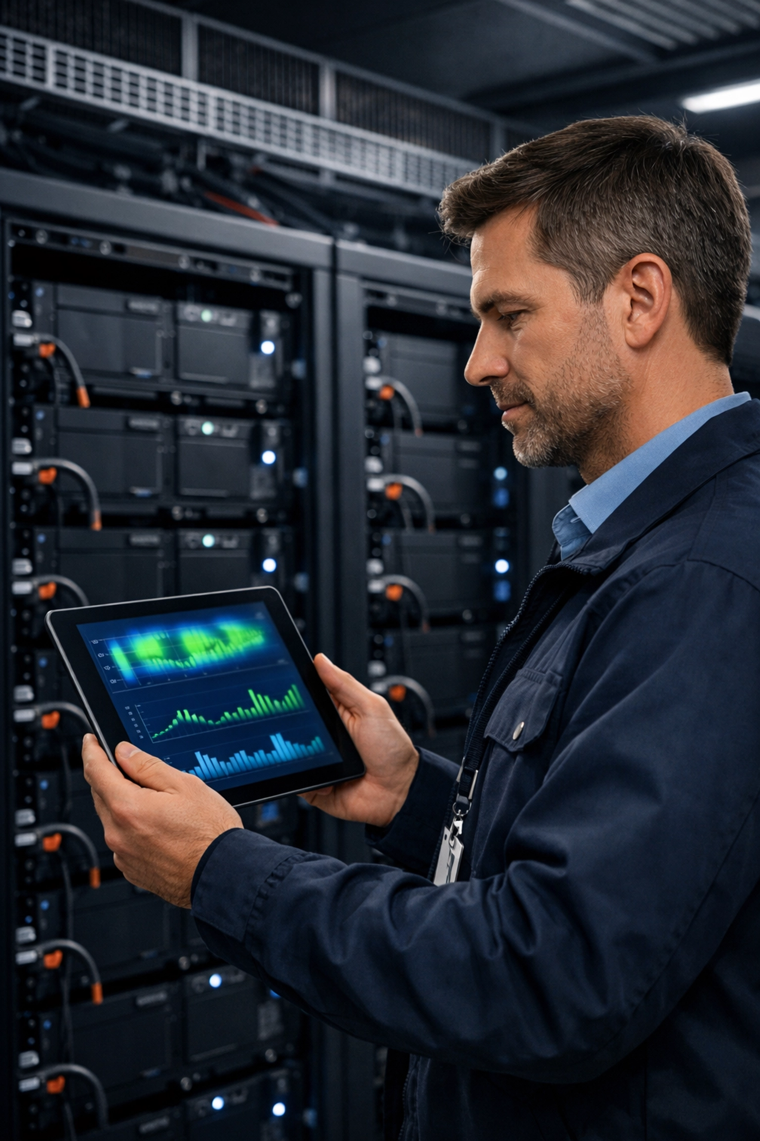 IT facility manager monitoring battery thermal management data to prevent thermal runaway in a UPS room.
