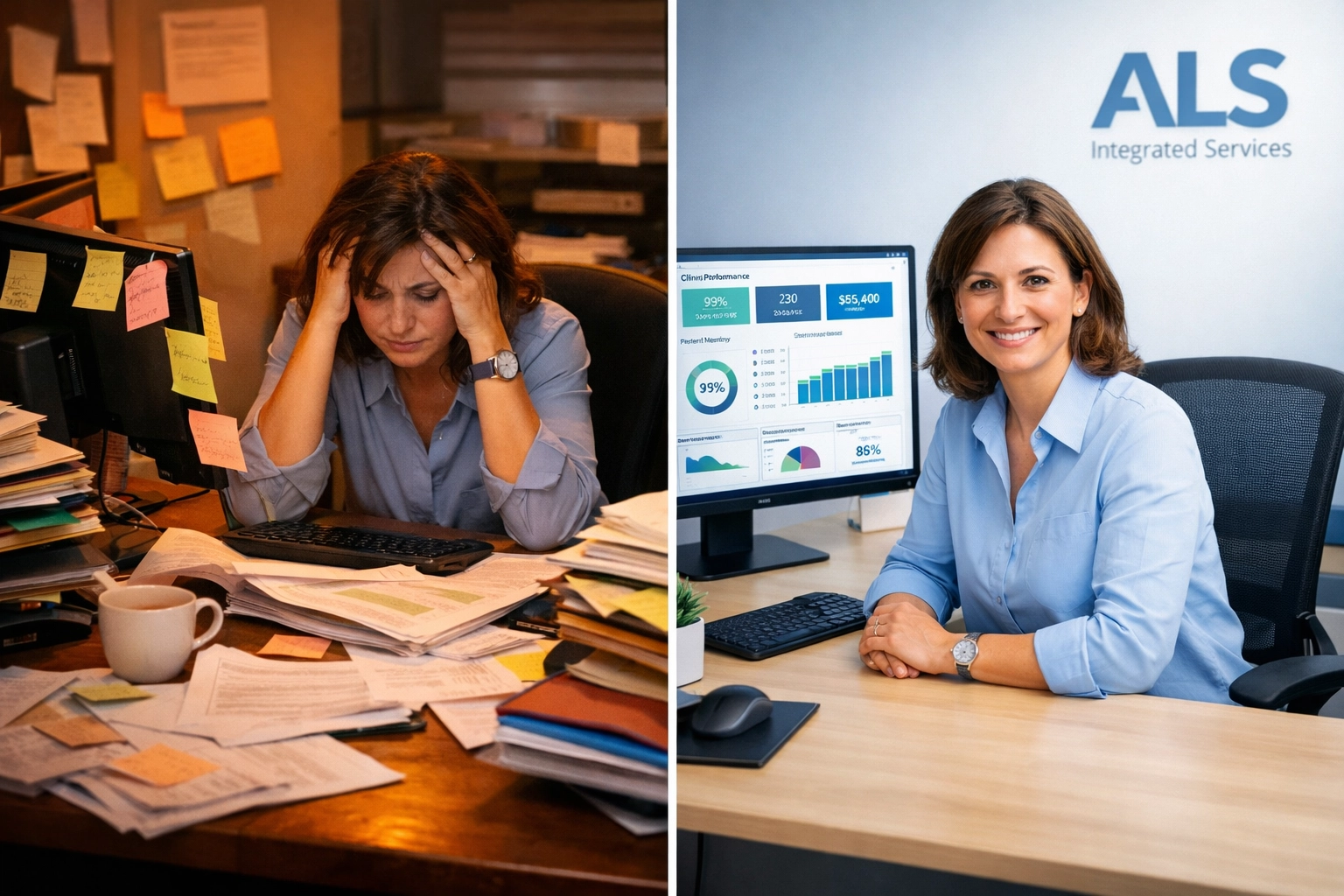 Stop the Cash-Flow Leak: A Simple A/R Follow-Up System That Gets Claims Paid (Without Working Nights) Before and after comparison of chaotic paper billing versus organized digital A/R management system