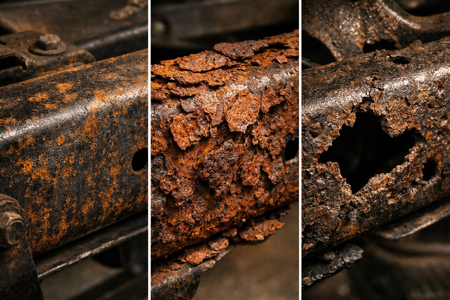 Comparison showing surface rust vs structural chassis rust stages on a vehicle underbody.
