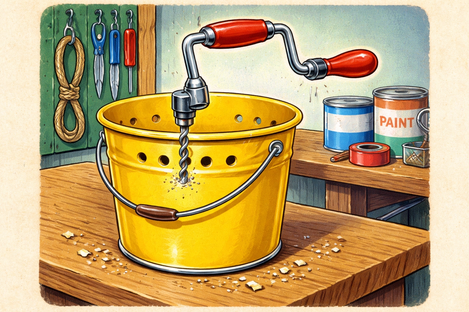 Whimsical storybook bucket on a workbench with a drill bit making neat holes (1950s hand-drawn style)