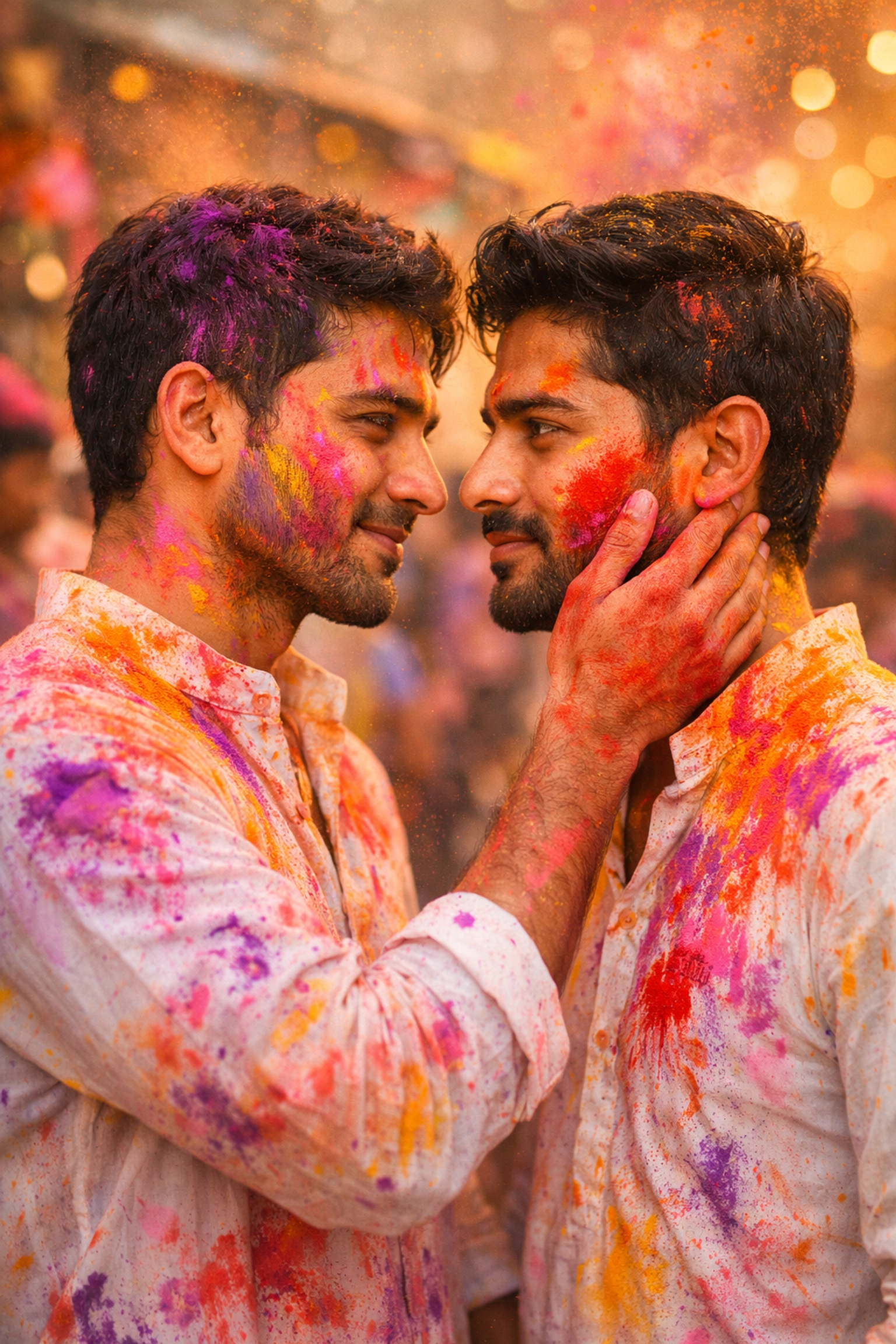 Two men sharing intimate moment during Holi festival in Mumbai covered in colorful gulal powder