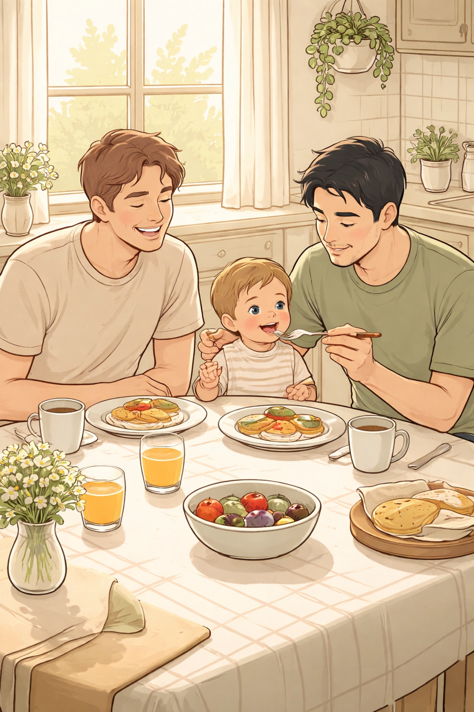 Two gay fathers share a joyful breakfast with their child at a kitchen table, highlighting LGBTQ family love.