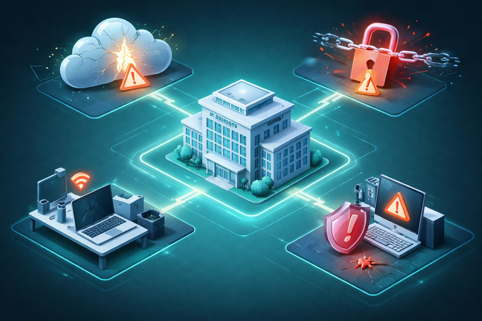 Multiple cyber threats targeting a tax office, illustrating cloud, ransomware, and remote access risks for CPA firms