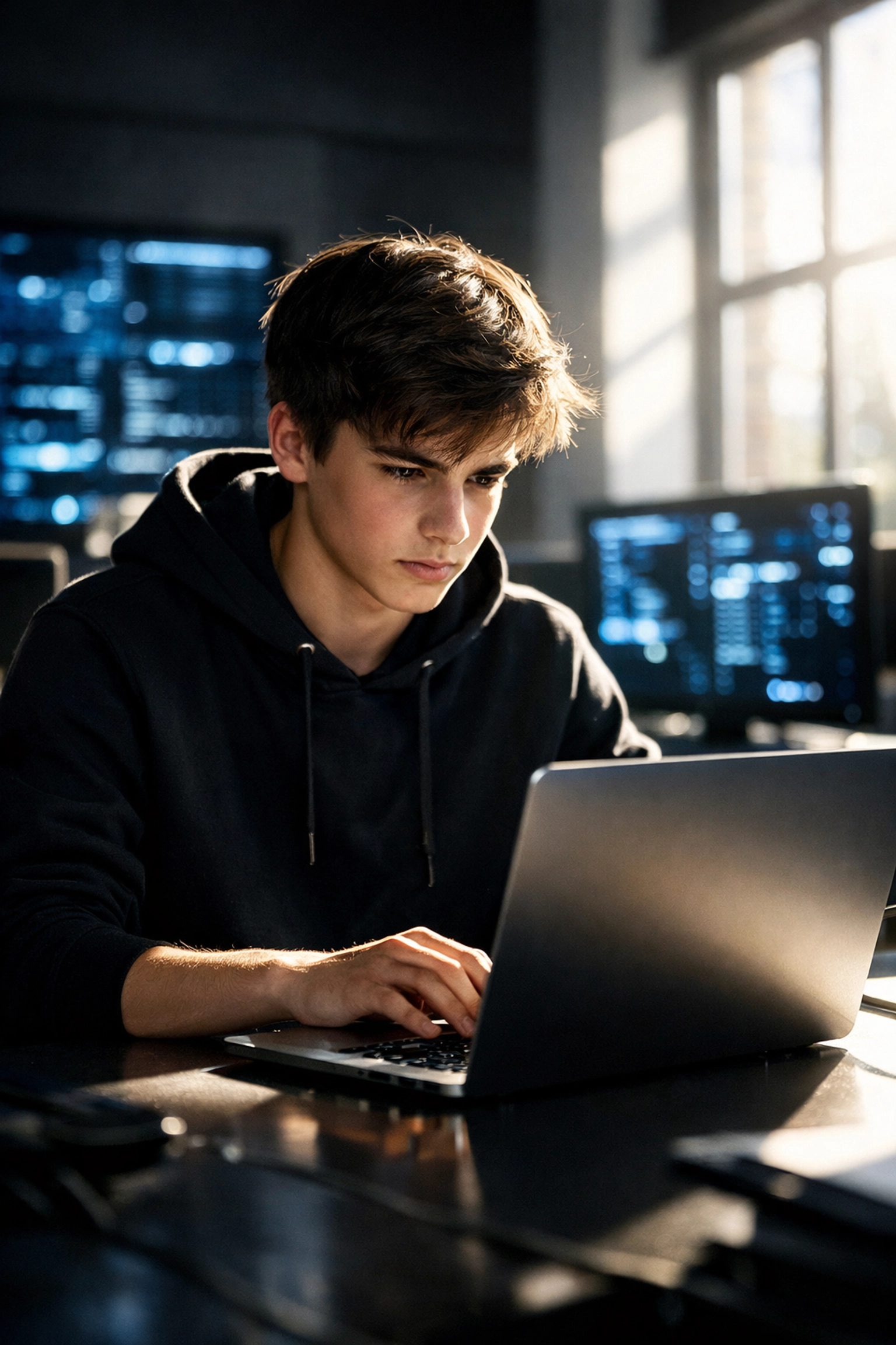 High school student working on a laptop in a computer lab to build cloud and AI skills.