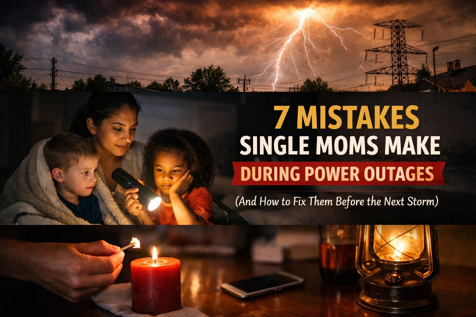 Title Image of a woman sitting with her two kids reading by flashlight. Top section shows lightning hitting a power station and the lower image shows a hand lighting a candle with a kerosene light nearby. Emergency Preparedness for Single Moms: How to Fix These 7 Dangerous Power Outage Mistakes