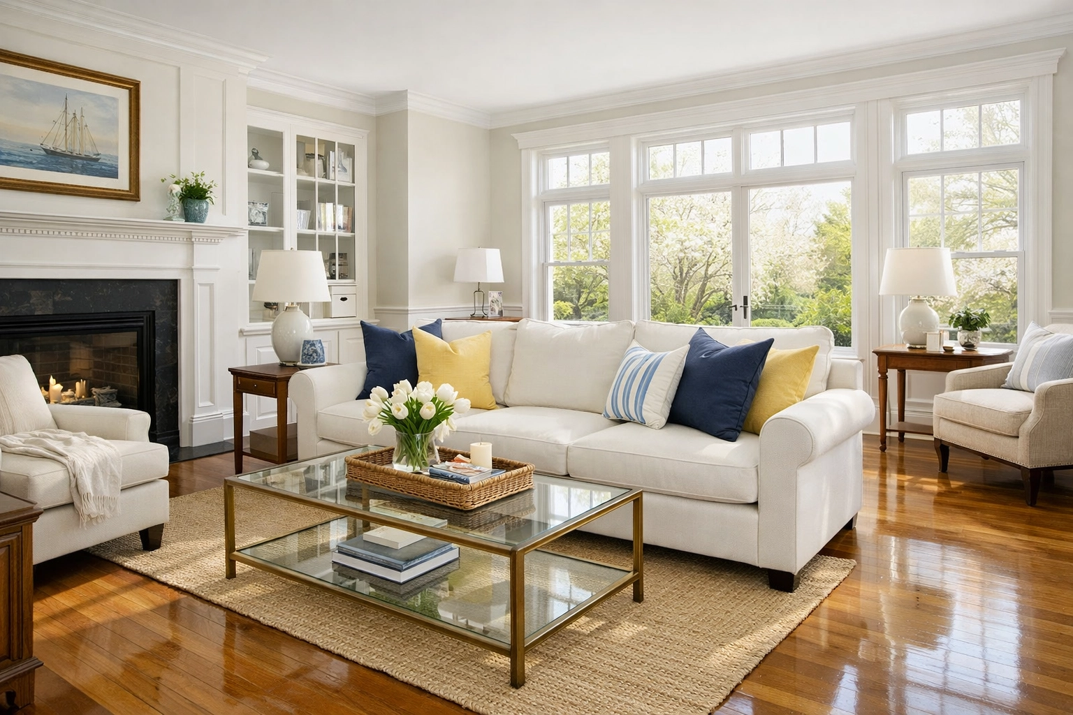 Spotless living room in Massachusetts after a spring deep cleaning by professional cleaners MA.