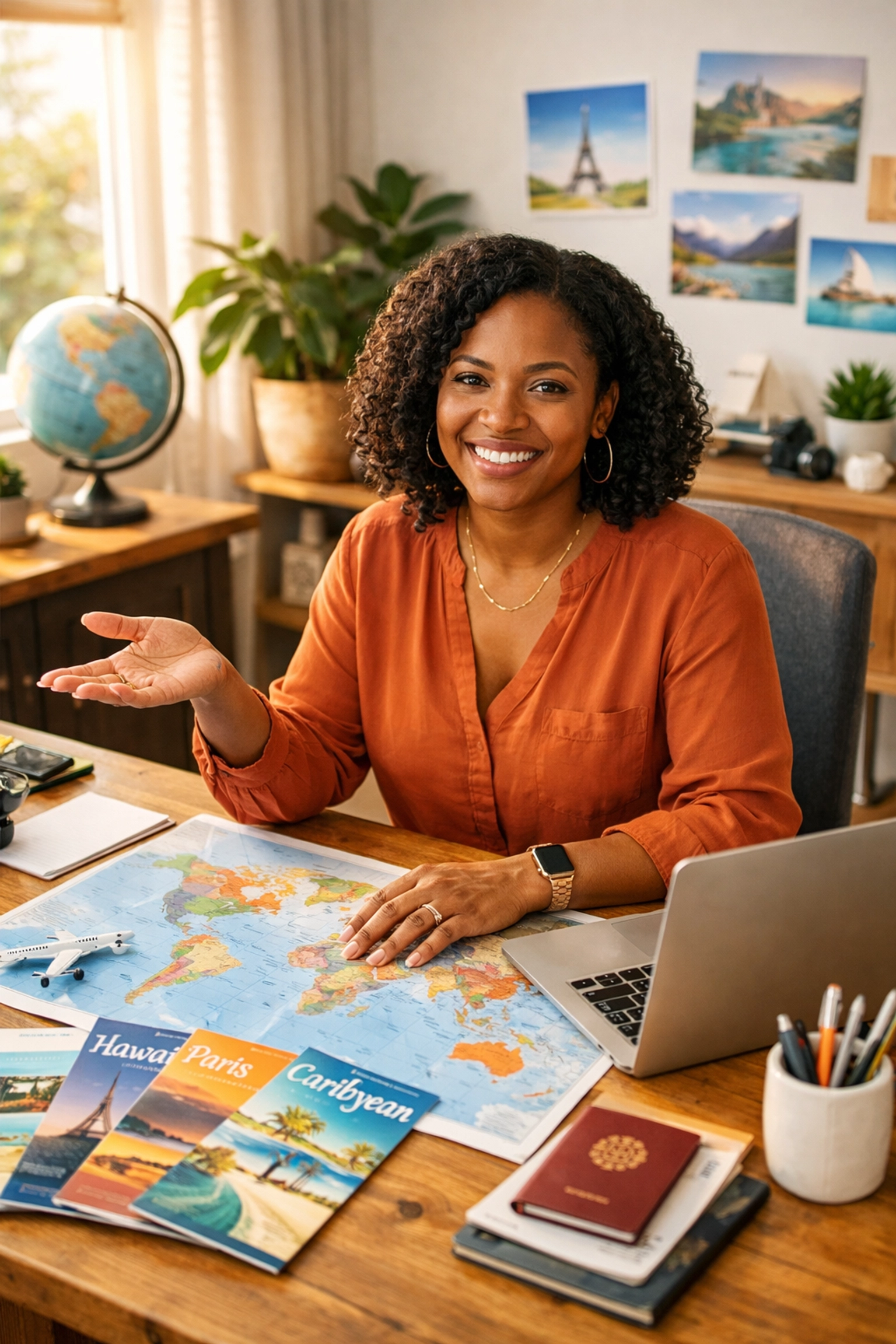 Travel agent creating custom travel itinerary with client at desk with destination maps and brochures
