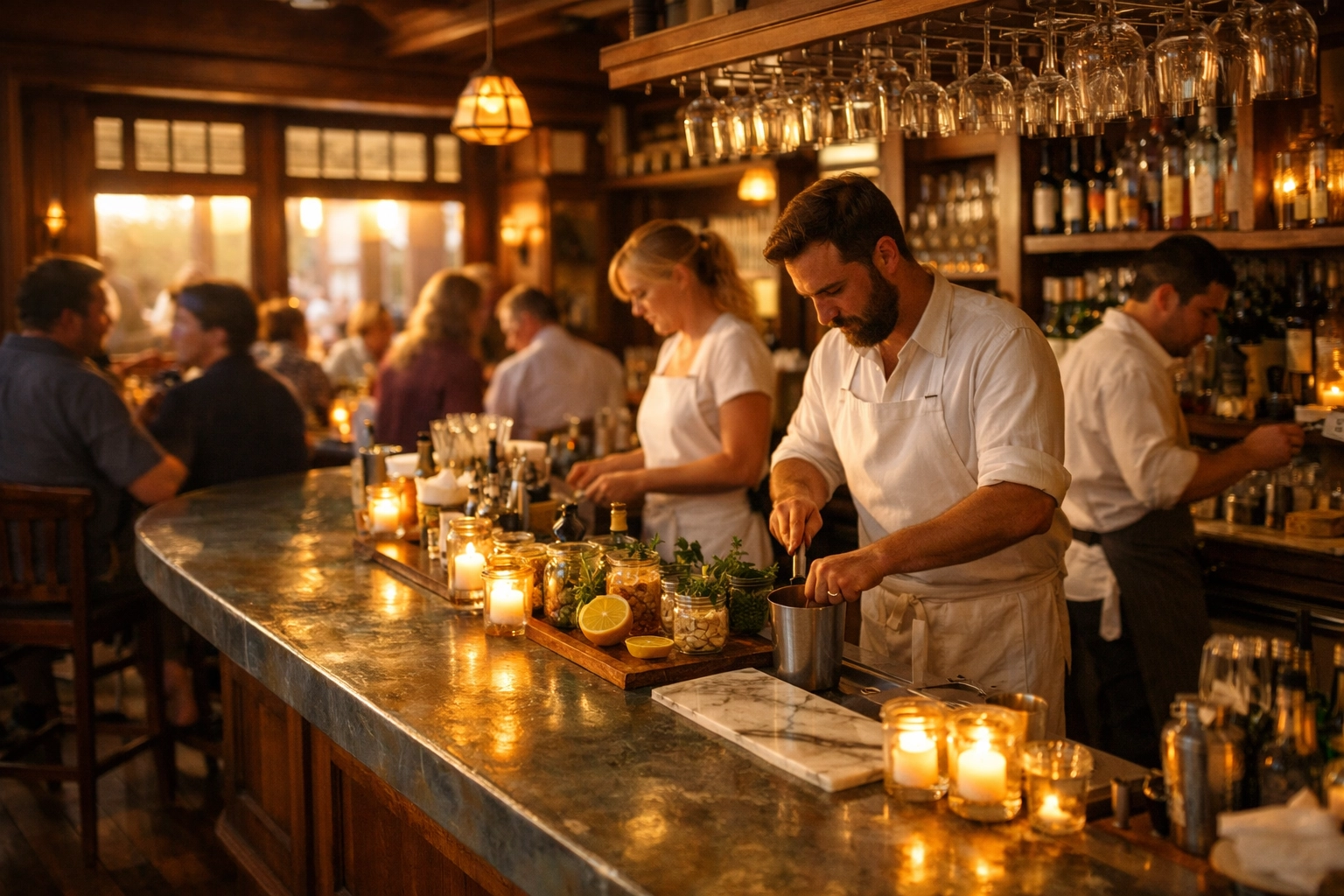 Zinc bar and Craftsman millwork at Bar Panisse Berkeley with bartenders preparing seasonal cocktails
