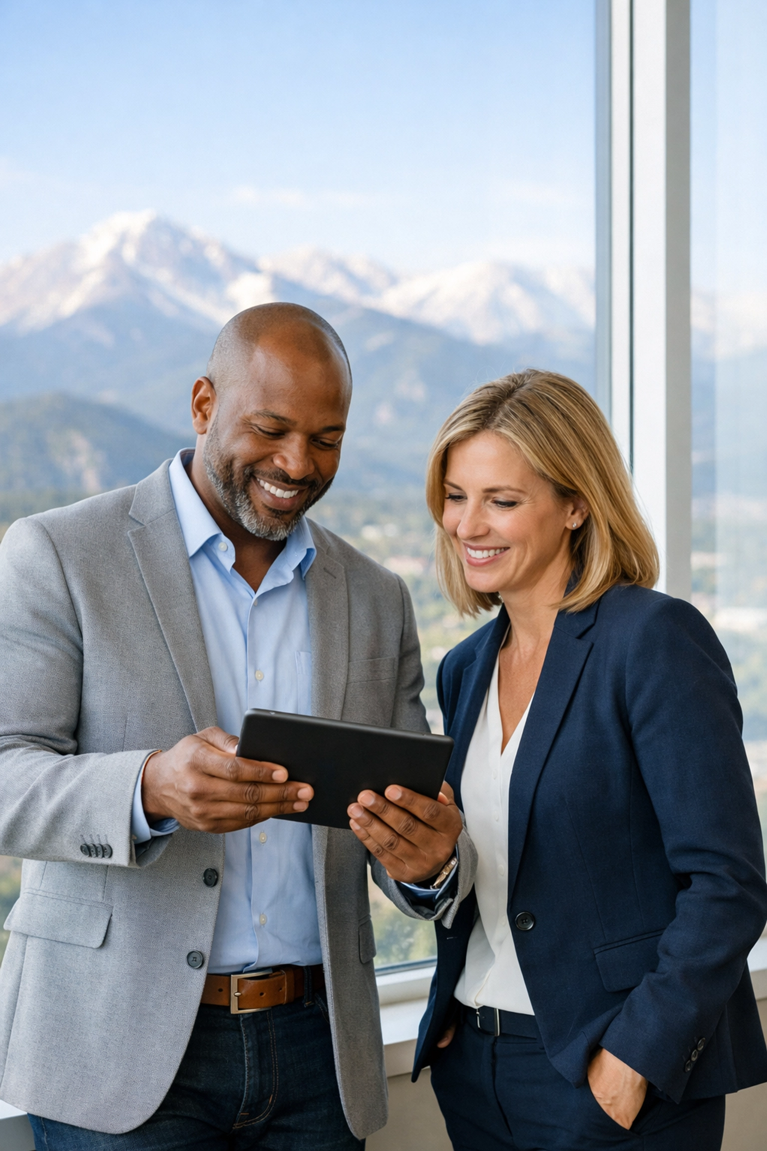 Business leaders in a Colorado office collaborating on strategic media consulting and global advertising partnerships.