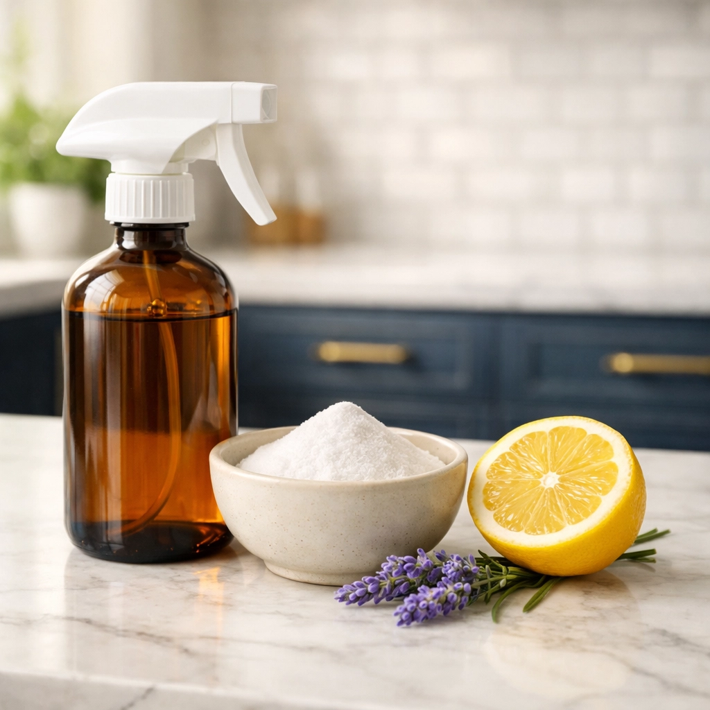 DIY eco-friendly cleaning supplies including baking soda, lemon, and a natural spray bottle for pet-safe care.