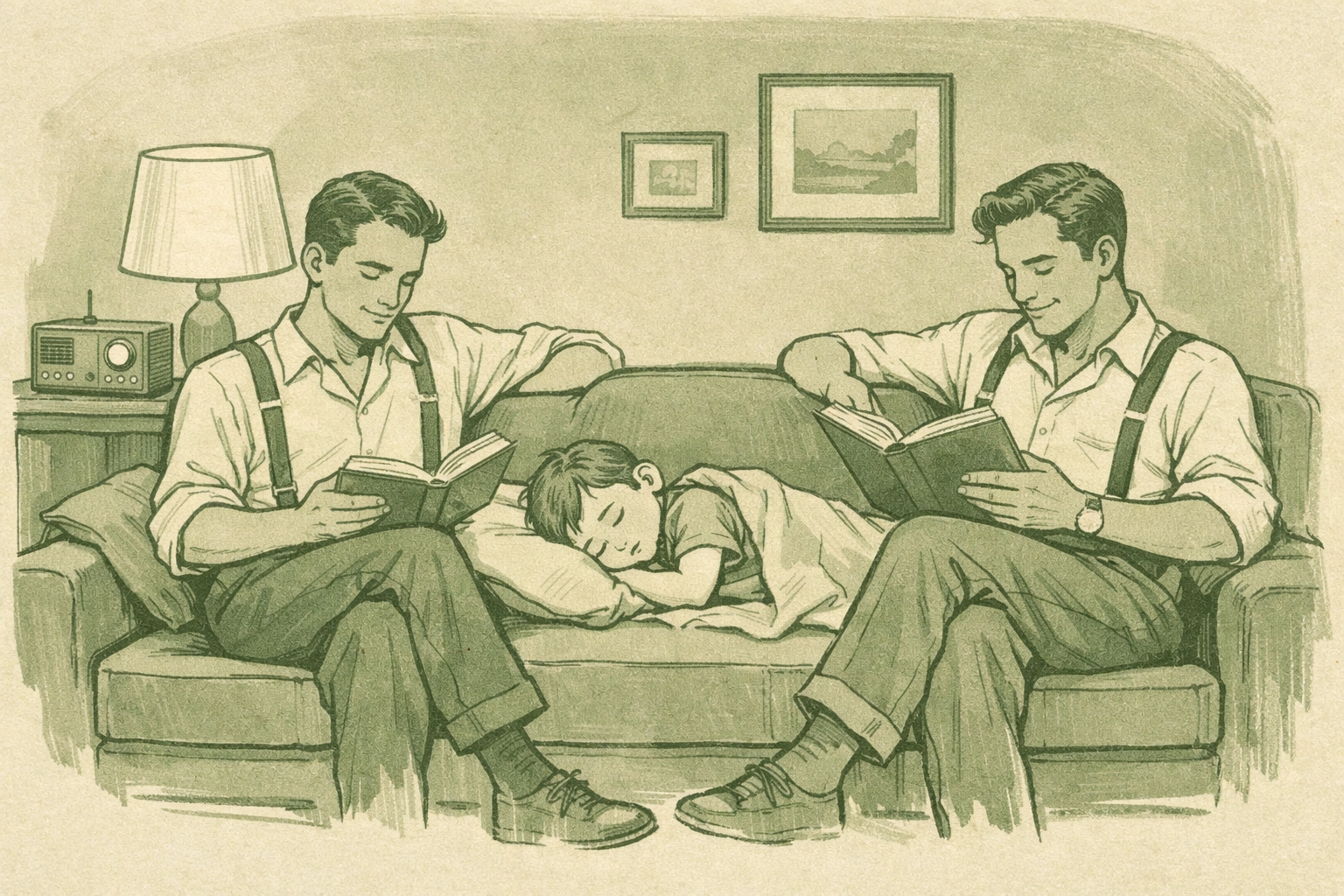 1950s gay family domestic scene with two men and sleeping child, illustrating hidden LGBTQ+ family life