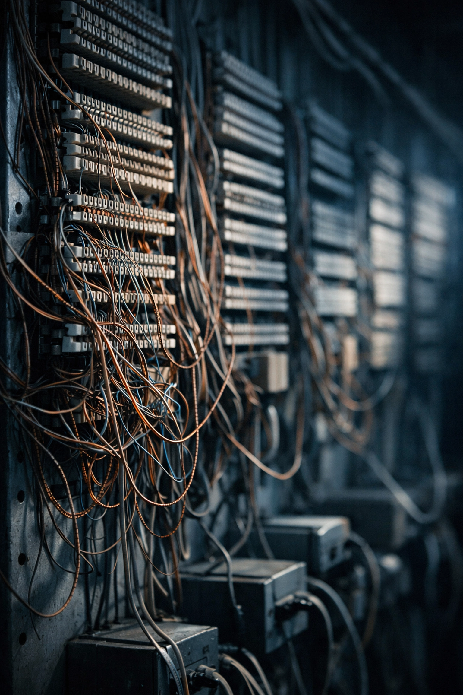 Aging copper POTS line infrastructure in telecommunications room requiring urgent replacement