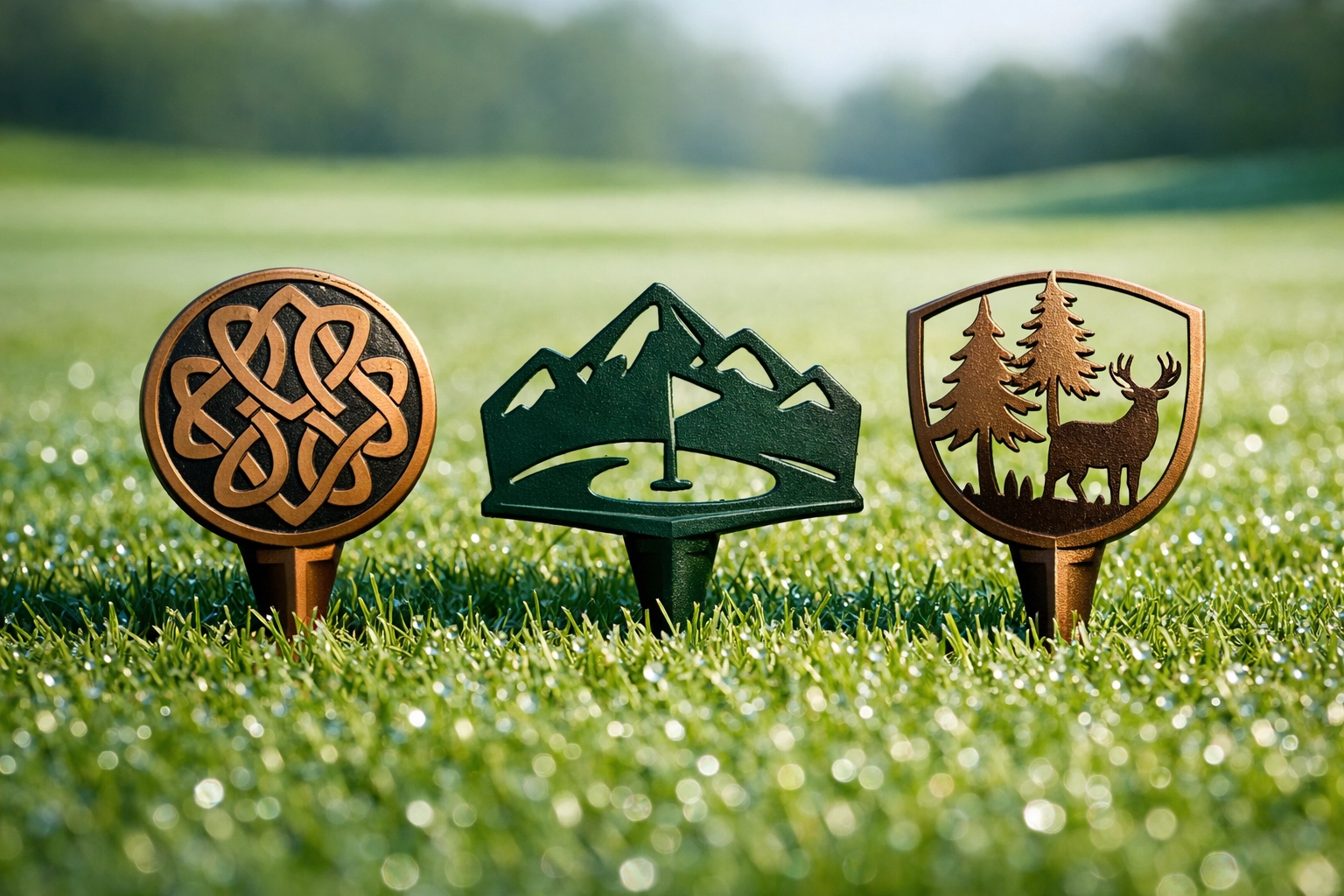 Custom metal golf tee markers with bronze and green powder coating on golf course grass
