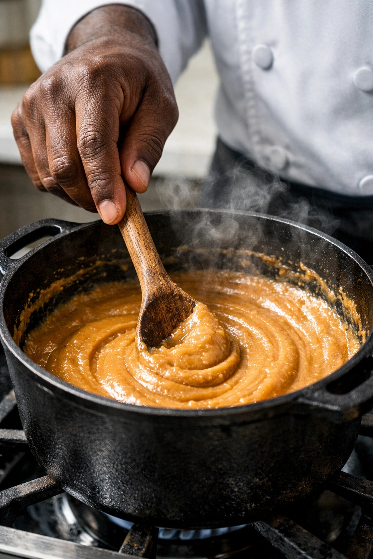 An African American chef stirring a rich peanut-butter-colored roux in a cast iron pot with a wooden spoon.