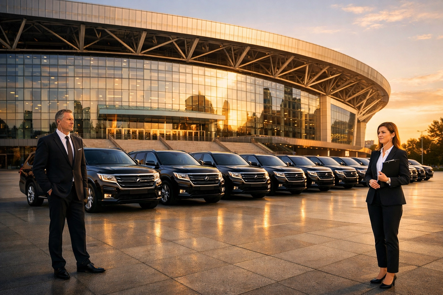Coordinated fleet of luxury vehicles and logistics staff managing Super Bowl executive arrivals.