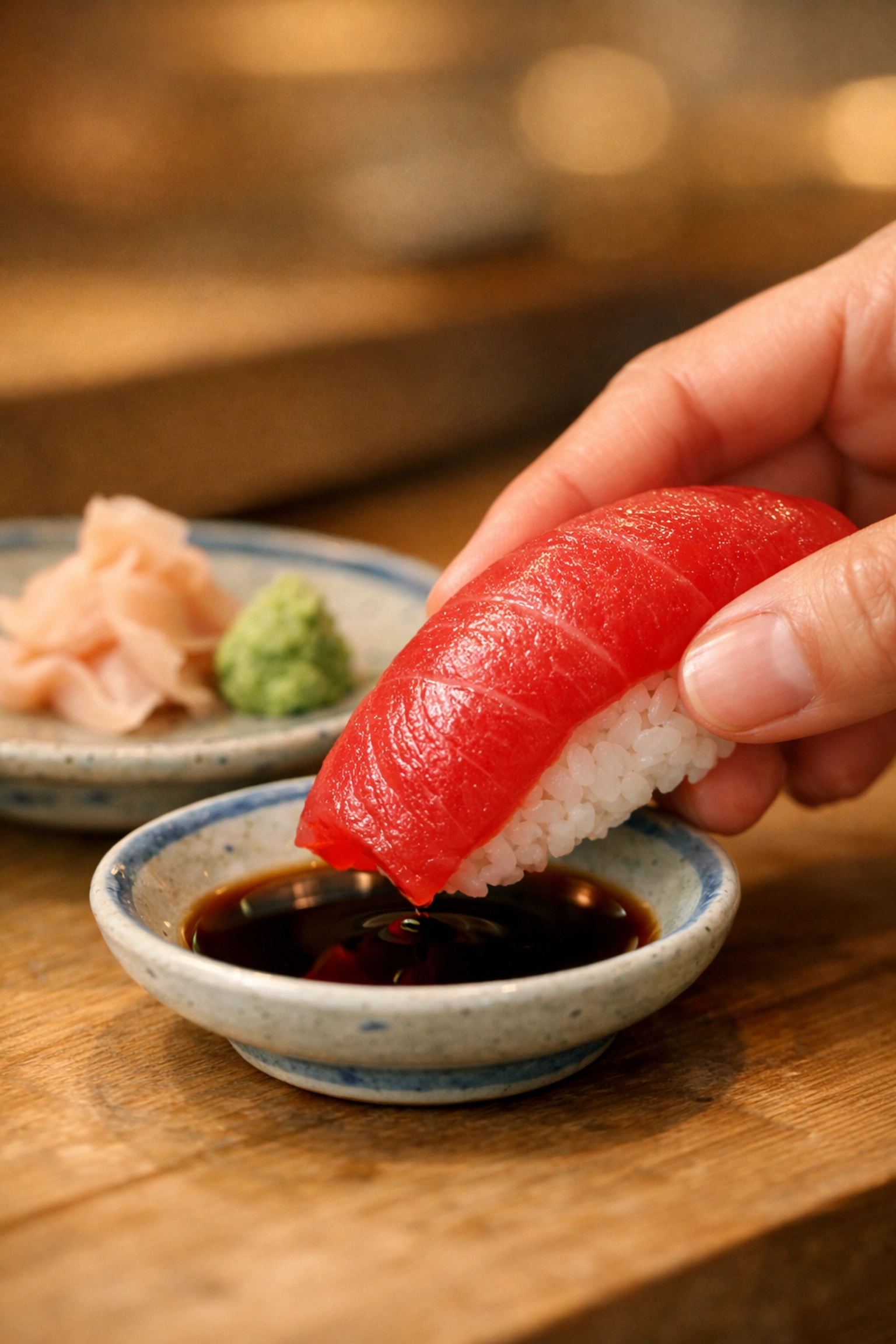 A diner holding tuna nigiri with fingers following Japanese sushi etiquette in Ginza.