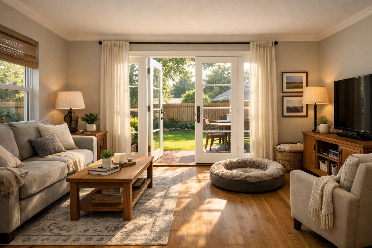 Pet-friendly home interior with dog bed showing suitable living environment for pet custody | ALT: Family law Fredericksburg VA pet-friendly home setting relevant to divorce pet ownership