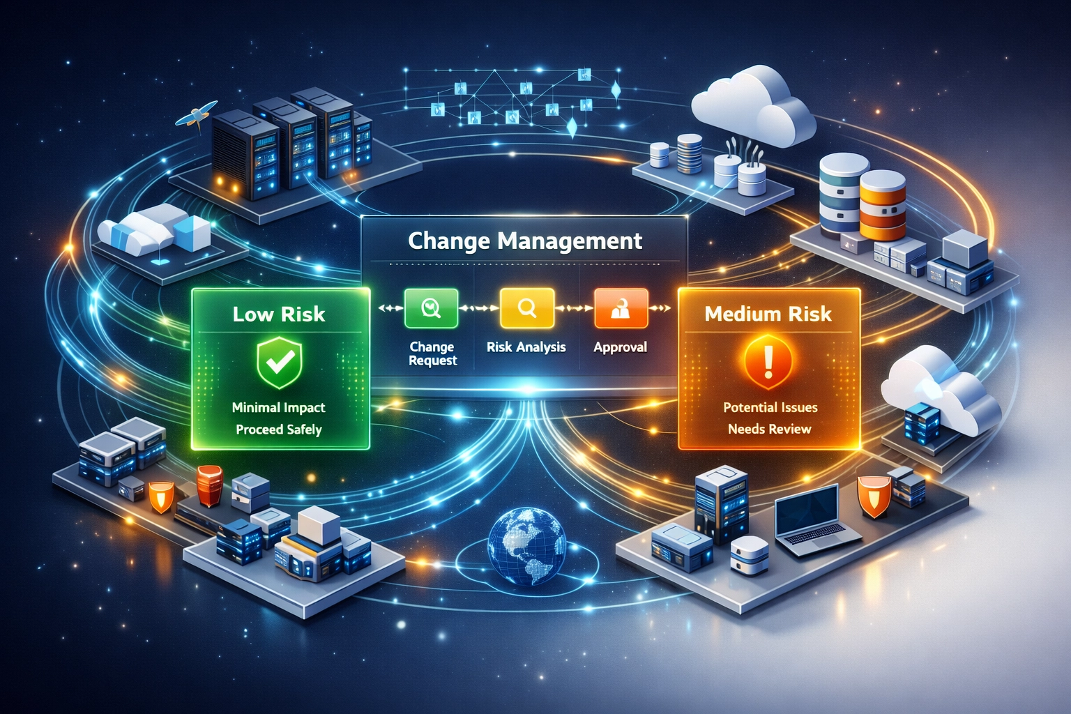 ServiceNow ITOM change management dashboard with AI-powered risk assessment and dependency mapping