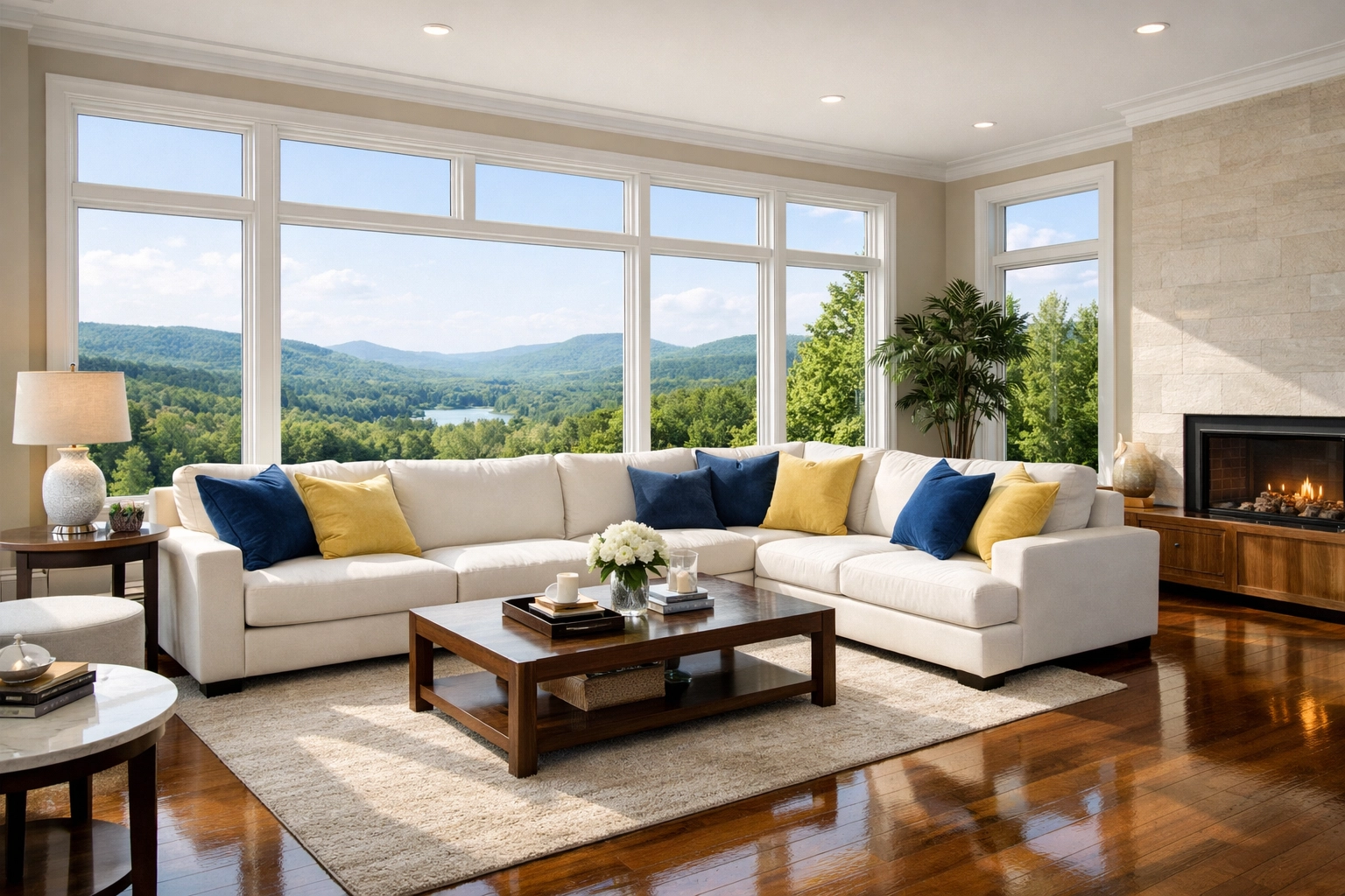 A spotless, sun-drenched living room in Ashburnham MA highlighting professional house cleaning results.