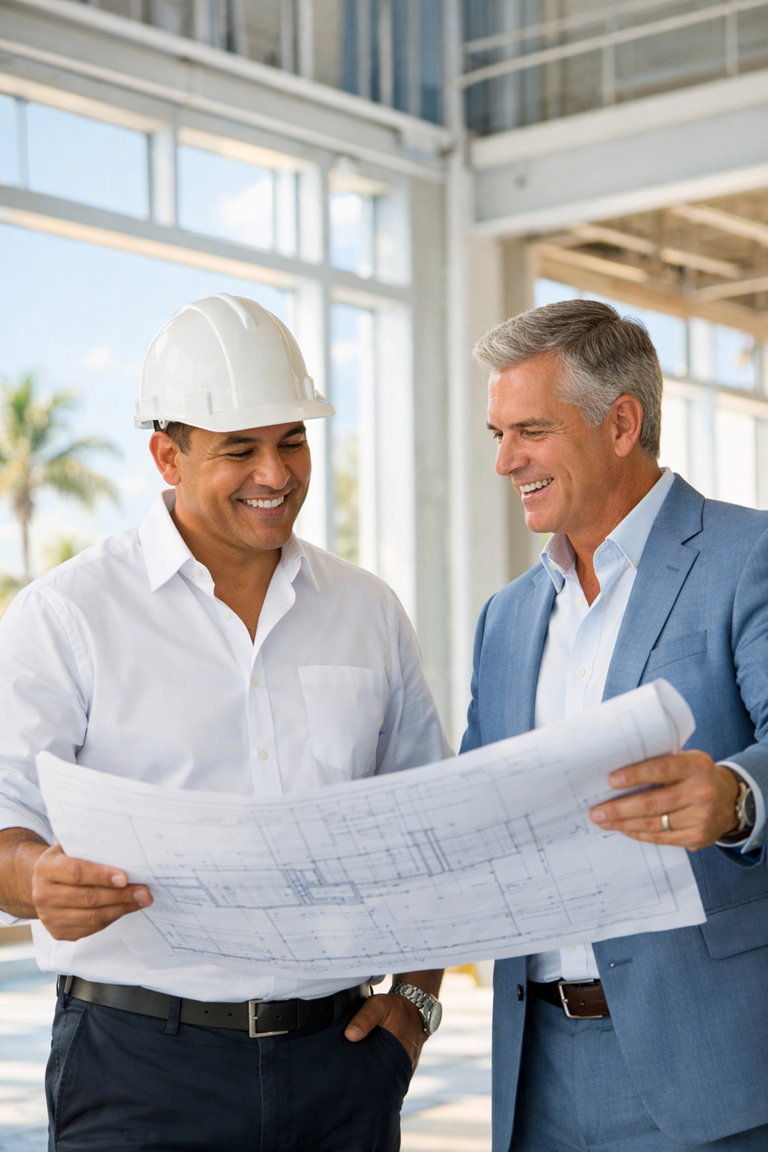 South Florida general contractor and developer reviewing blueprints on a commercial construction site.