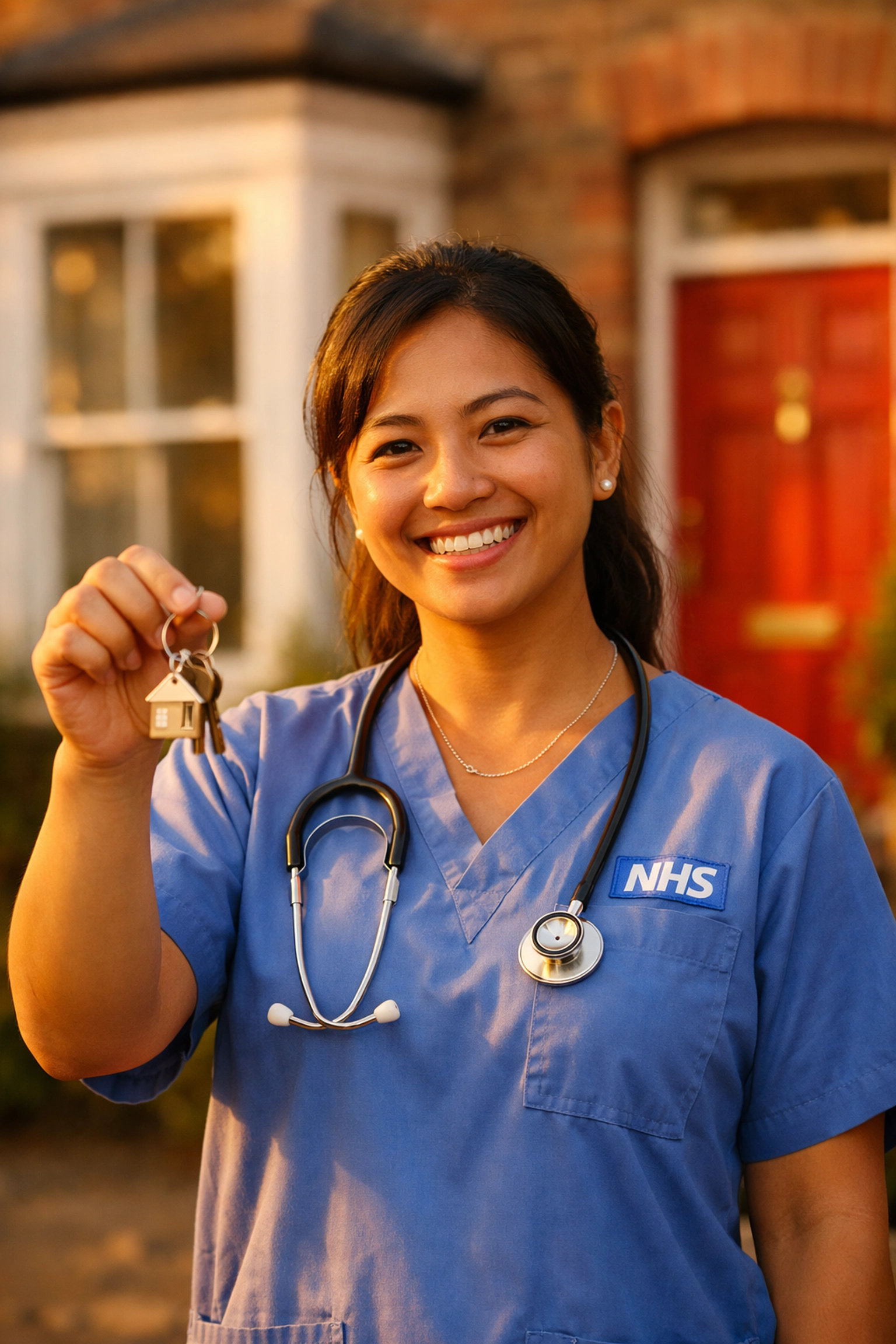 Filipino NHS nurse holding house keys in front of UK terraced home