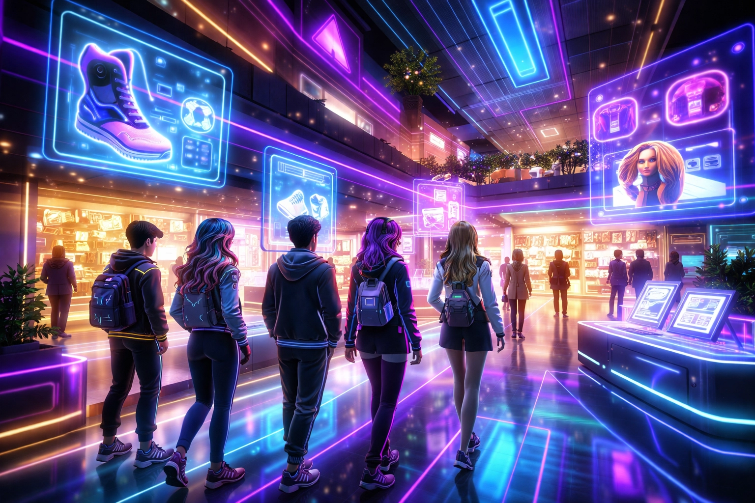 Virtual metaverse shopping mall with avatar shoppers browsing holographic product displays and crypto checkout areas