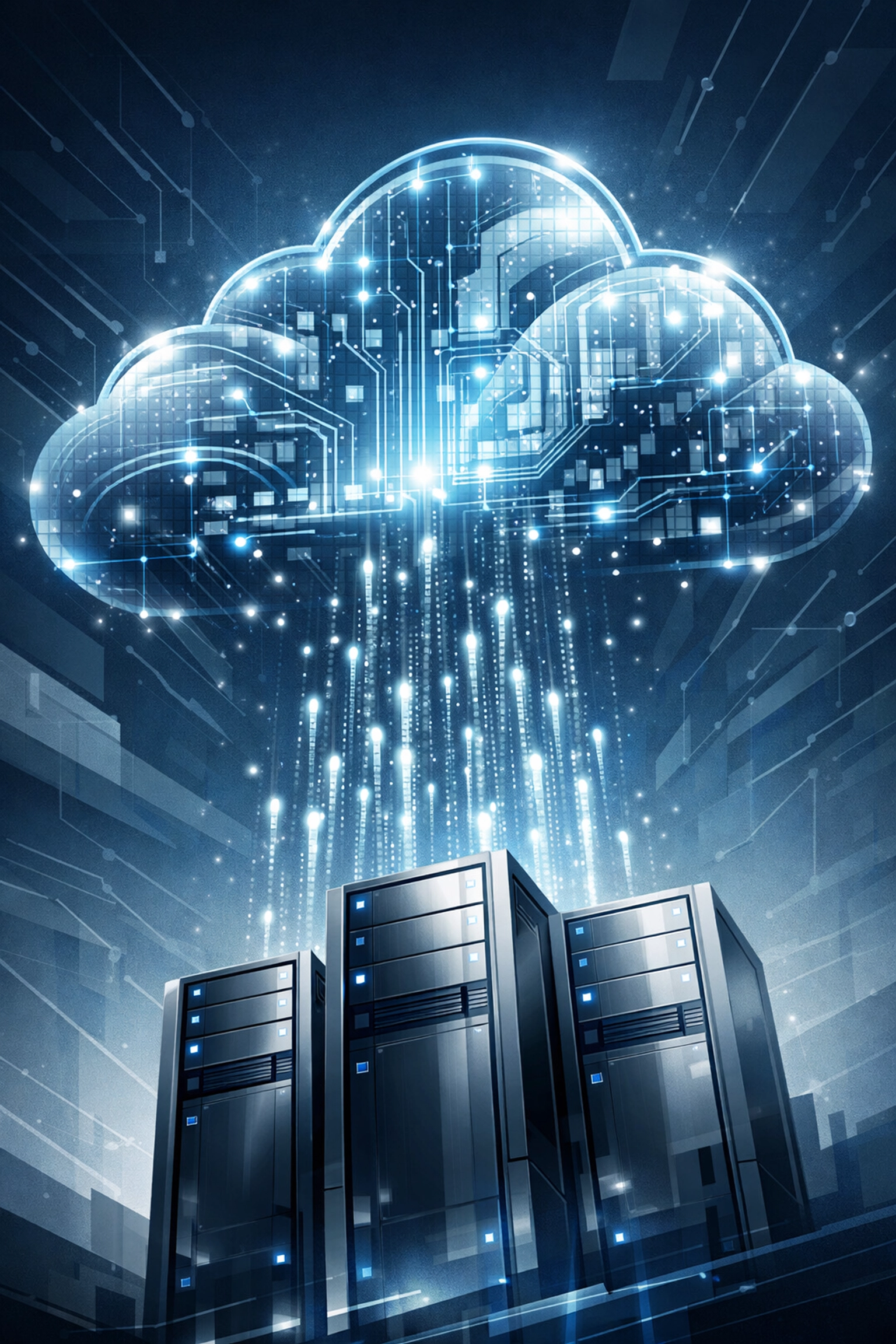 Abstract cloud structure over servers illustrating scalable cloud migration services for businesses.