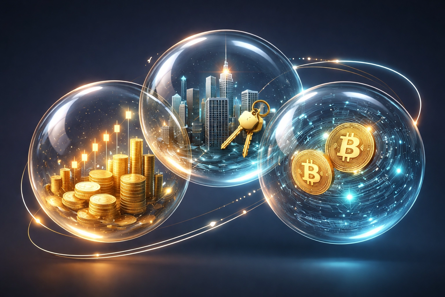 Three interconnected spheres illustrating diversification across traditional, alternative, and digital investments for accredited investors