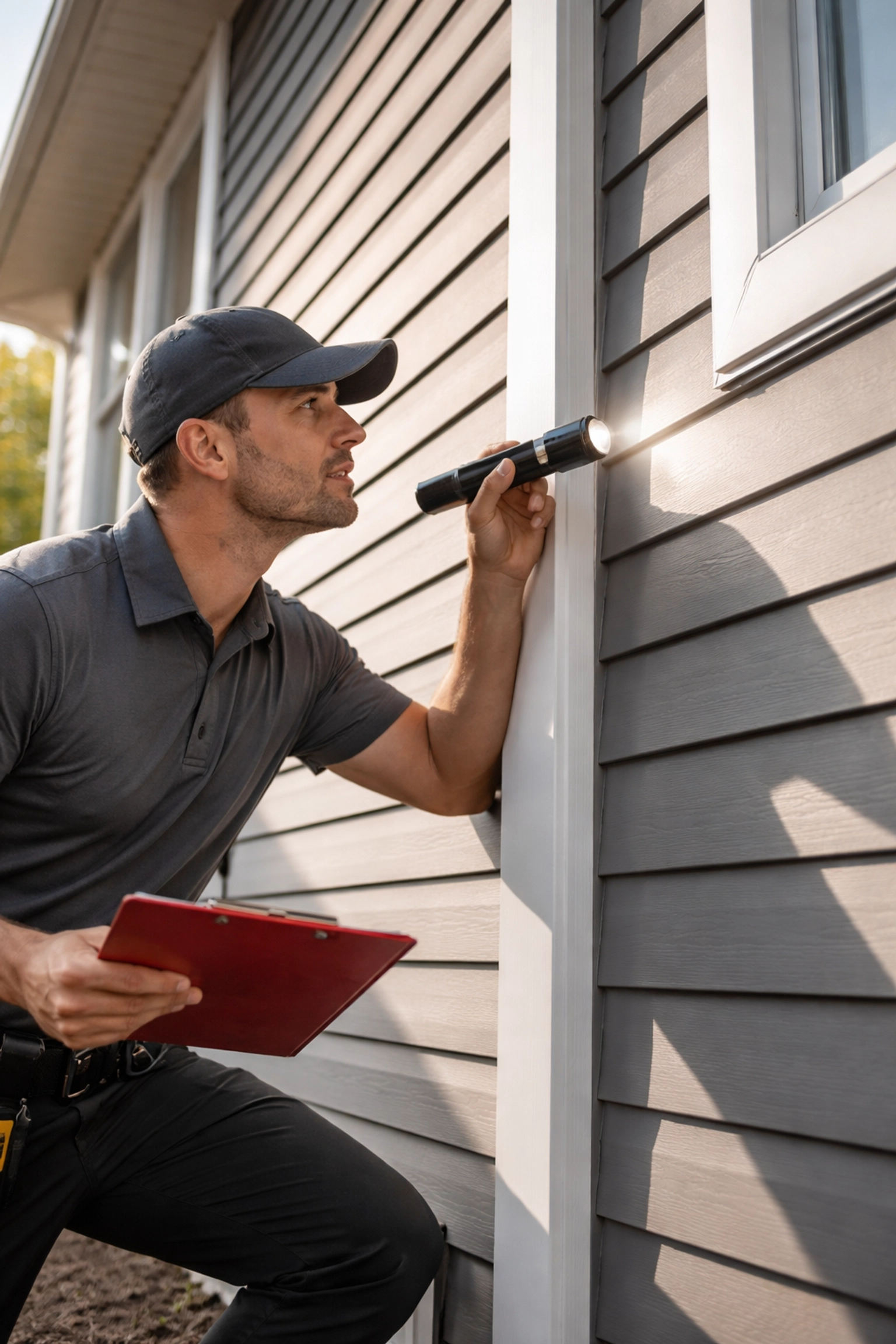 Home inspector examining vinyl siding for spring maintenance on a Chattanooga home exterior
