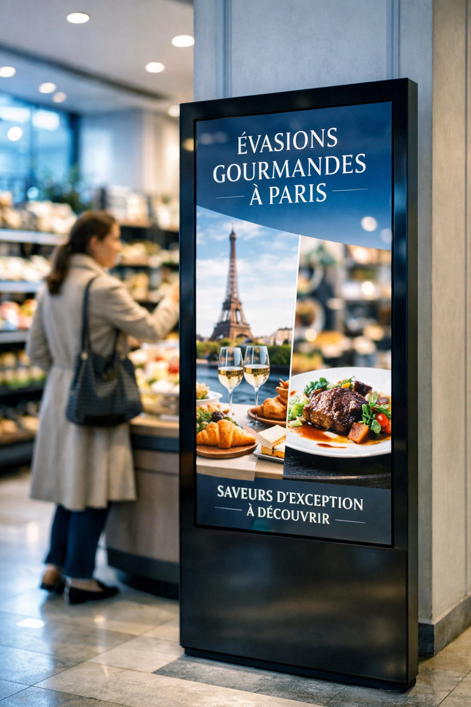 Modern digital advertising screen displaying hyper-local content in a busy Parisian grocery store.