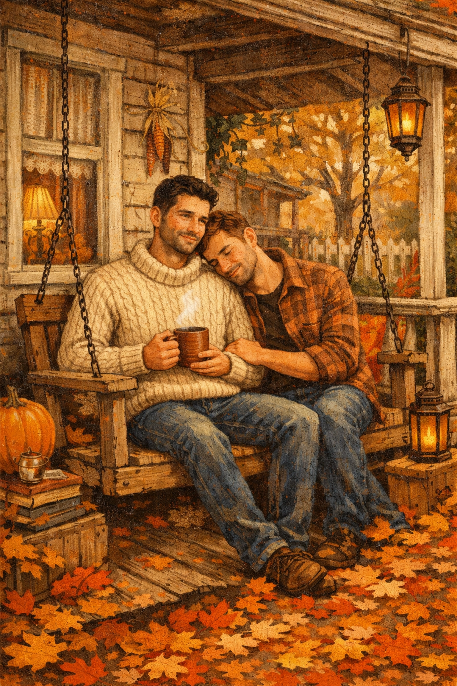 A gay couple enjoys a cozy autumn moment on a porch swing of a rustic small-town cottage.