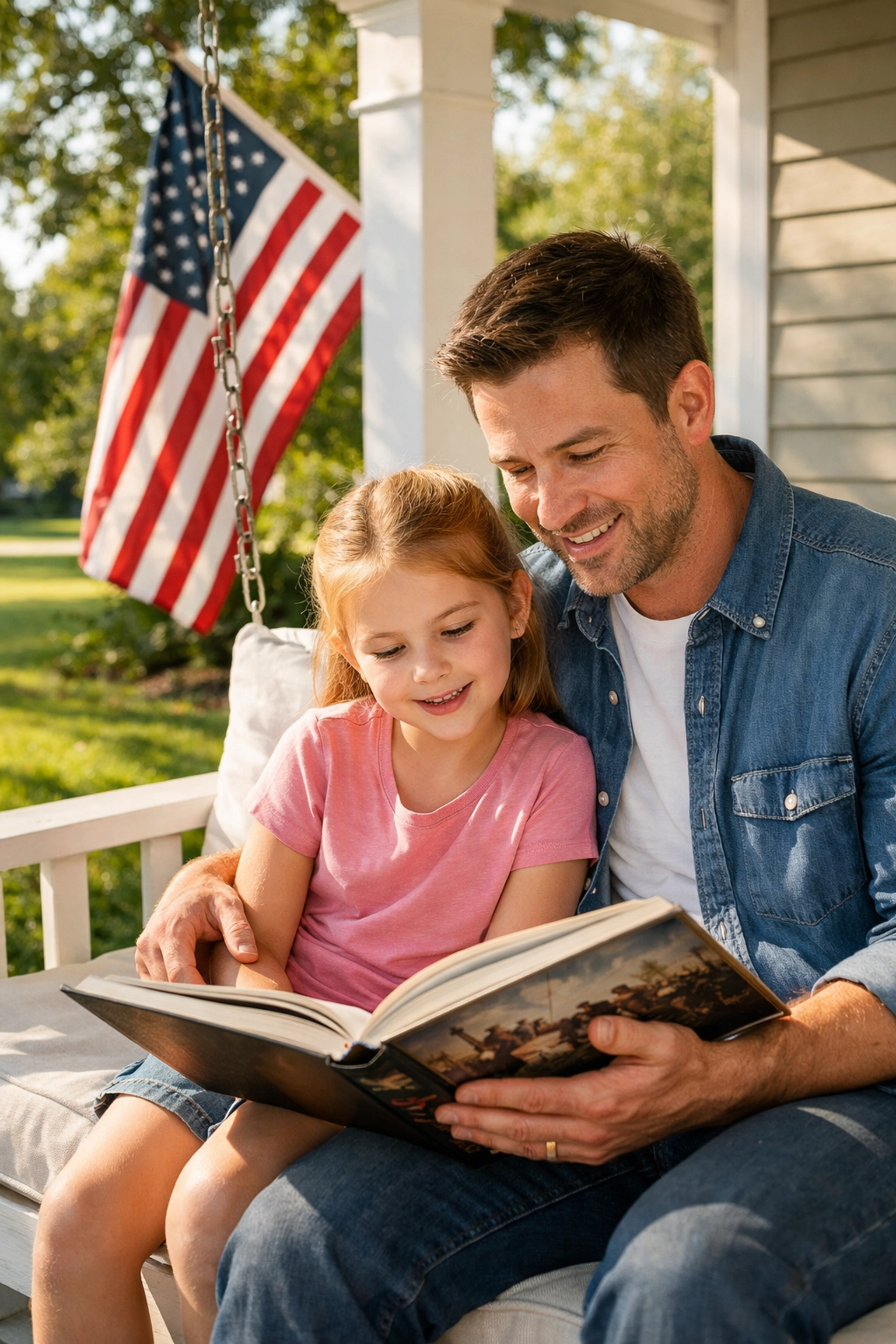 Father and daughter reading a history book together to pass down patriotic traditions and American civic values.