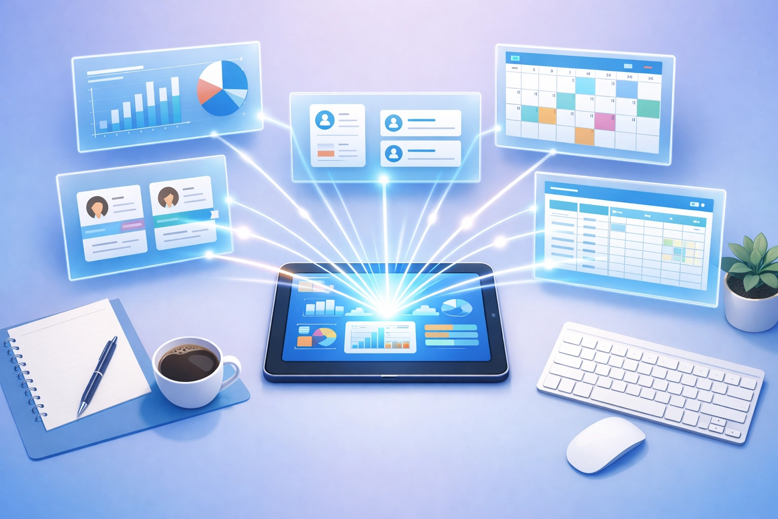 Multiple business data sources consolidating into single unified dashboard for SMB management