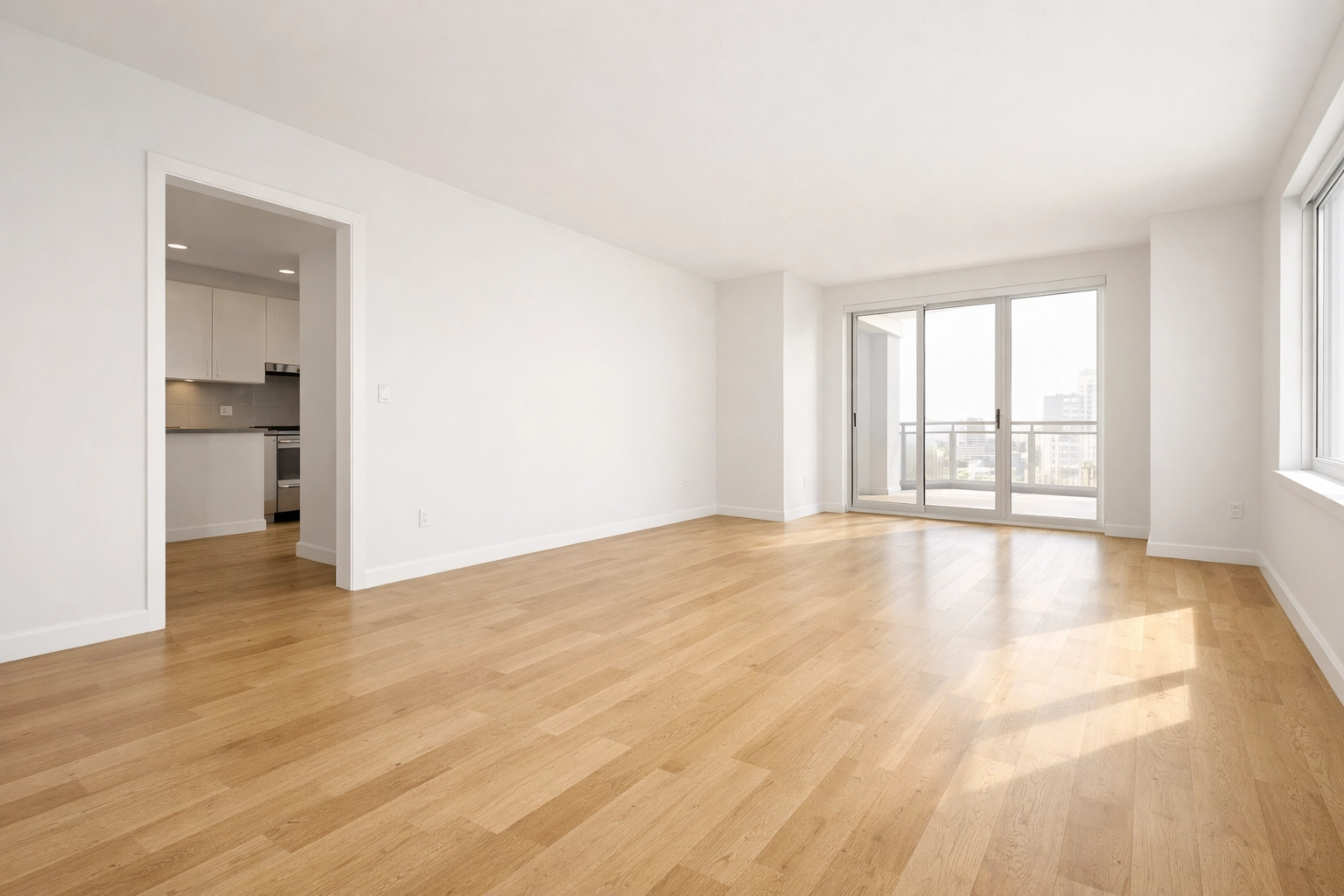 Empty vacant apartment with hardwood floors ready for make-ready cleaning and turnover